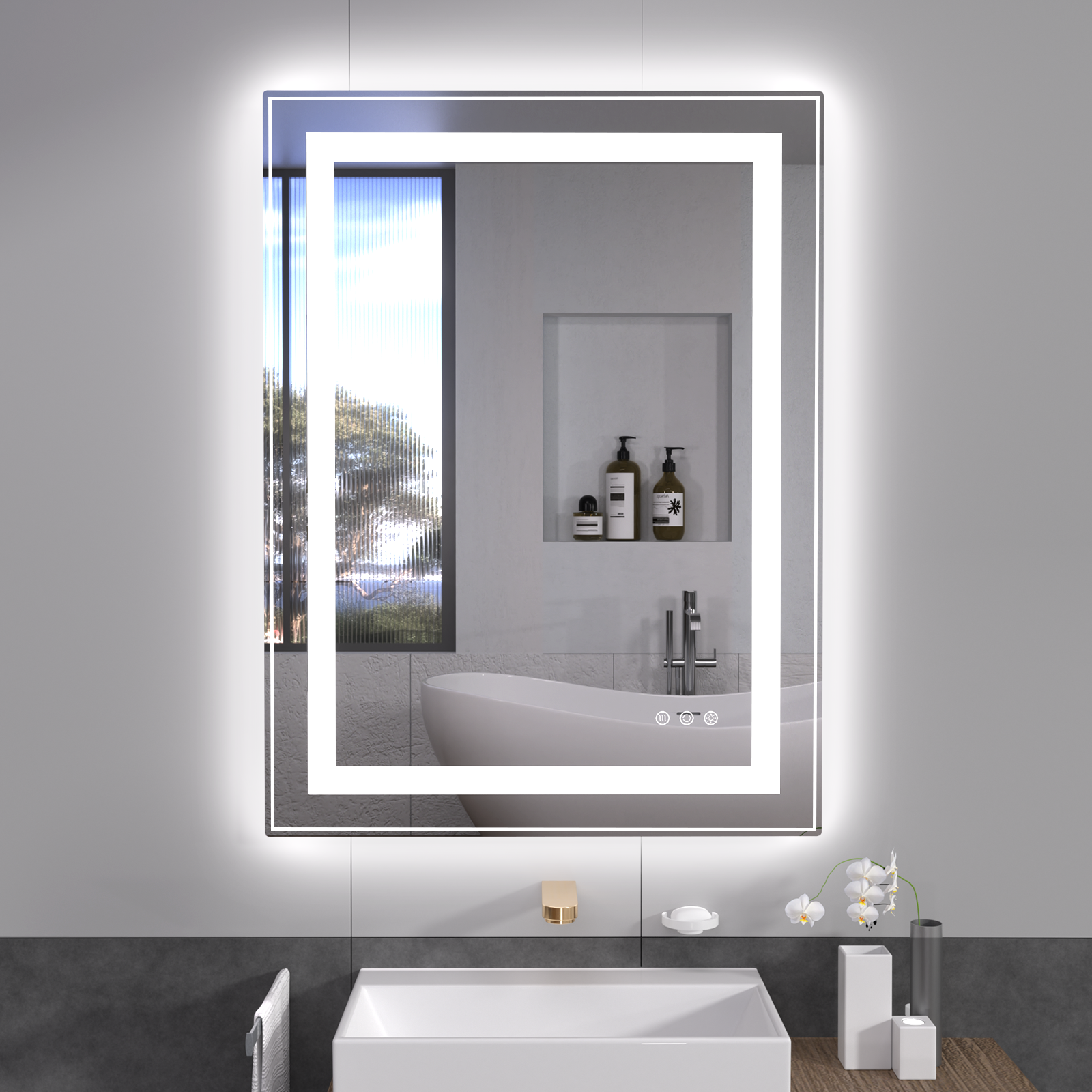 LED Mirror for Bathroom 24x36 with Lights, Anti-Fog, Dimmable, Backlit + Front Lit, Lighted Bathroom Vanity Mirror for Wall, Memory Function, Tempered Glass