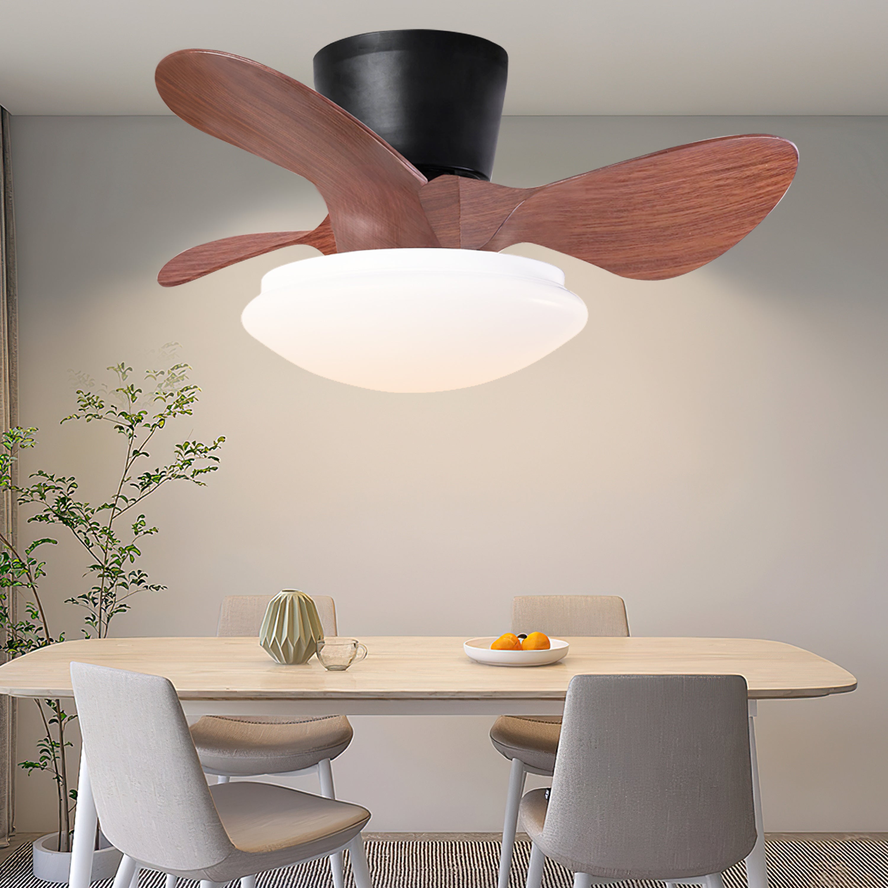 24'' walnut Small Ceiling Fan with Lights and Remote LED 18W Modern Flush Mount Ceiling Fan Adjustable Color,DC Quiet Motor Low Profile Ceiling Fan for Bedroom Kitchen Dining Patio,FCC