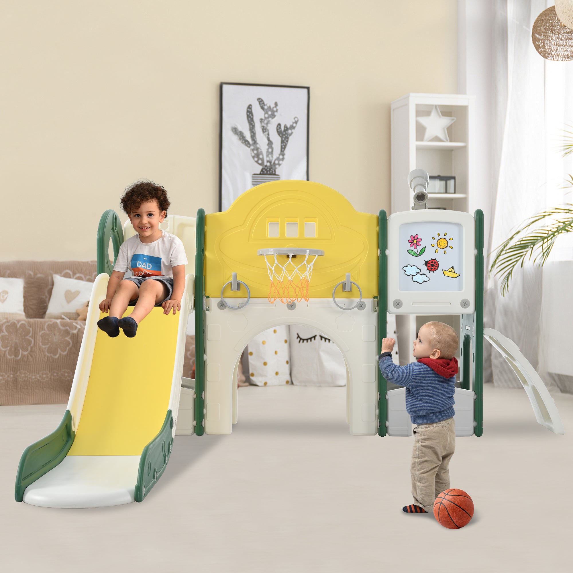 Kids Slide Playset Structure 9 in 1, Freestanding Spaceship Set with Slide, Arch Tunnel, Ring Toss, Drawing Whiteboardl and Basketball Hoop for Toddle