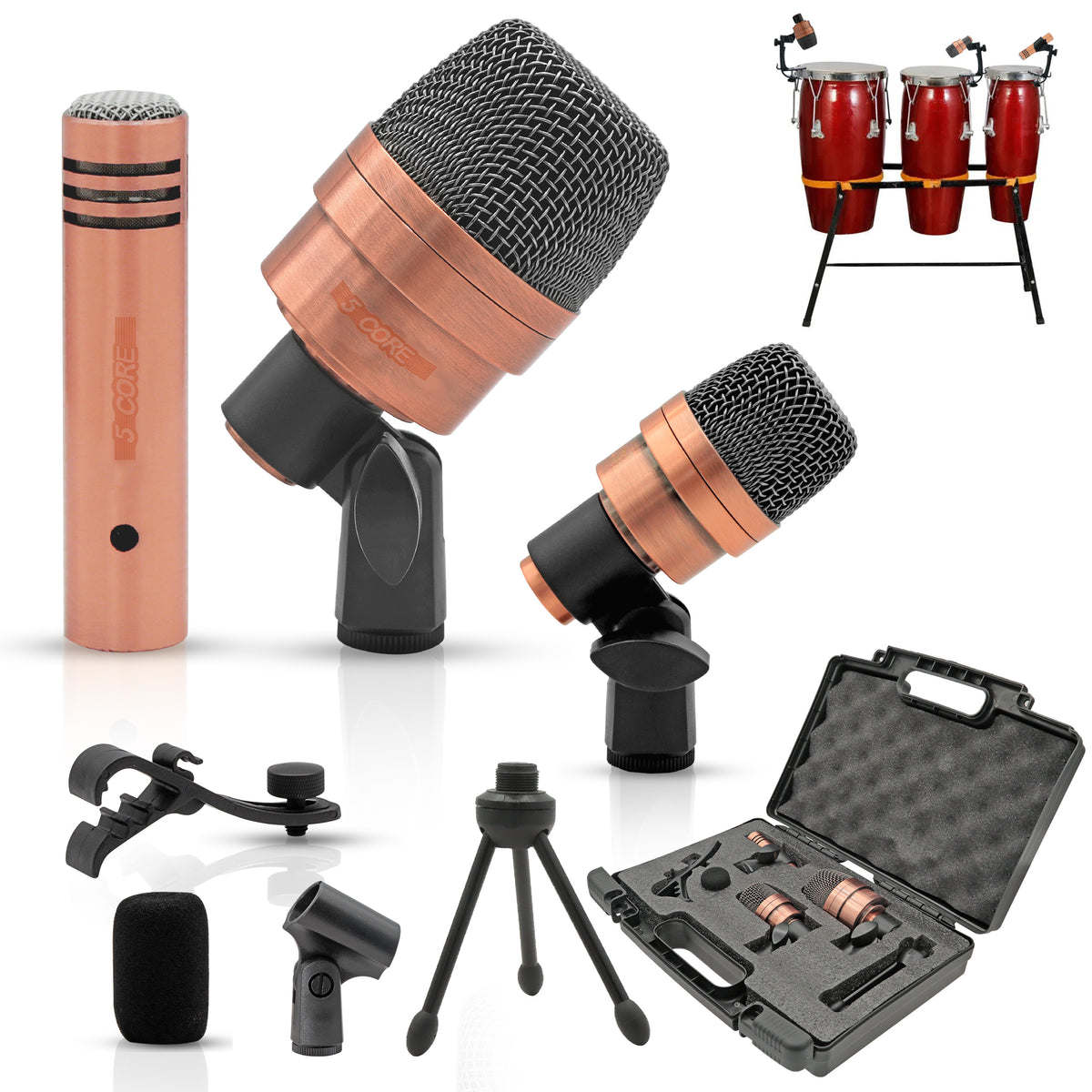 Conga Mic Set with Tom Snare Condenser Microphone Professional Cardioid Dynamic Instrument Mic Unidirectional Pickup for Close Miking - 5 Core CONGO 3XP Copperex