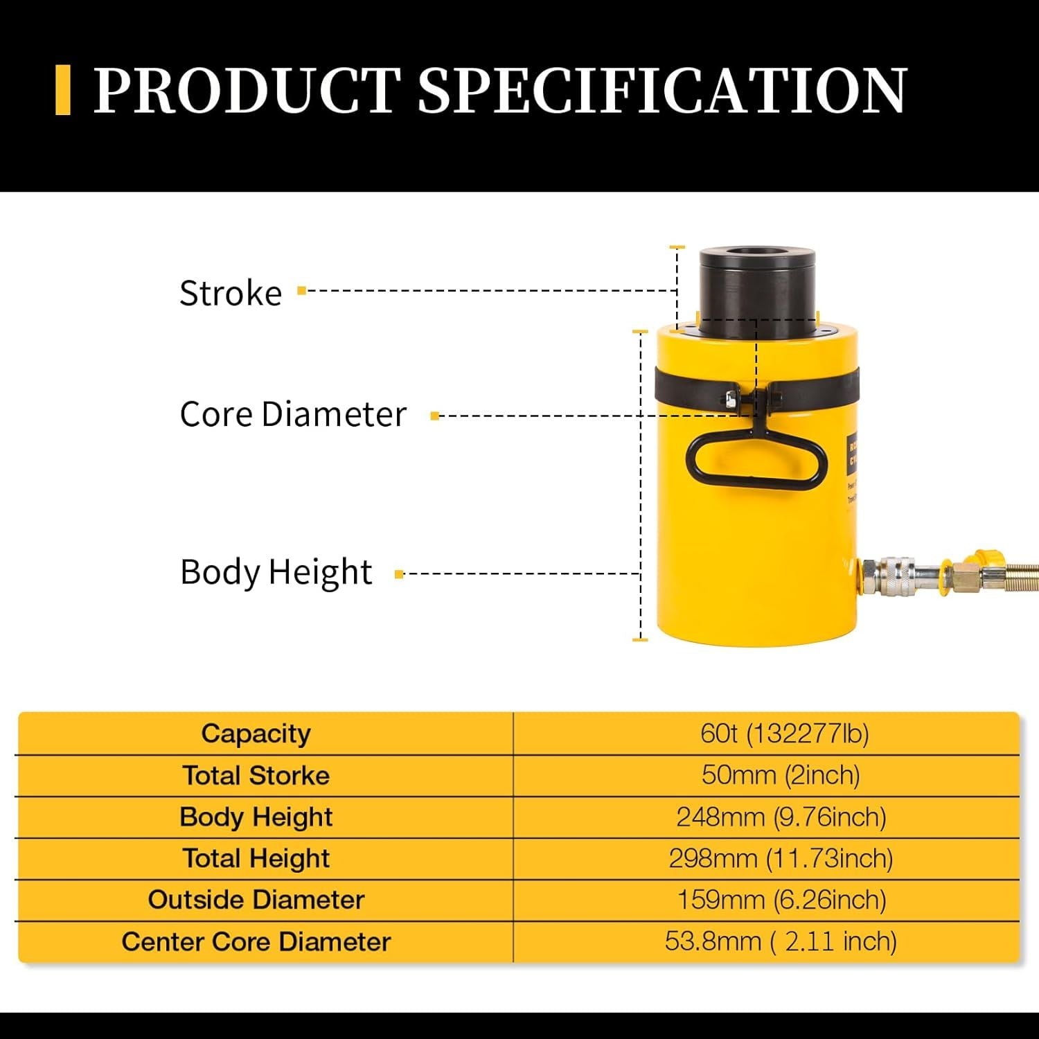 Hollow Single Acting Hydraulic Ram Cylinder Jack Lifting Cylinders Retract Automatically Quick Connector Power Jack