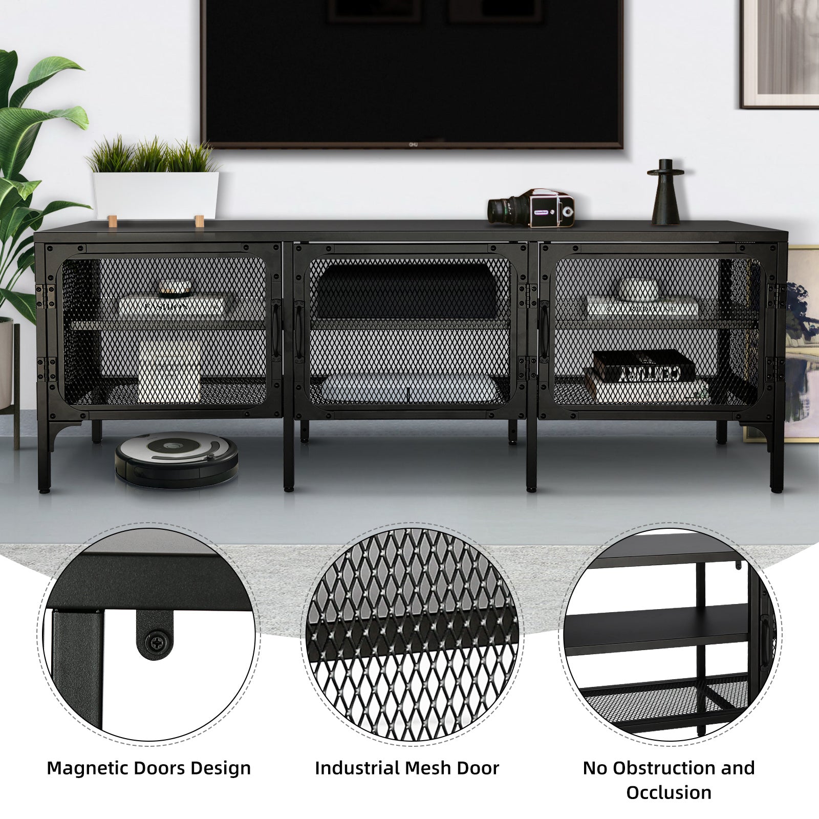 Industrial Wood and Metal TV Stand Entertainment Center Cabinet TV Console Table with 3 Metal Mesh Doors 2-Tier Storage Shelves for Living Room Frosted Black