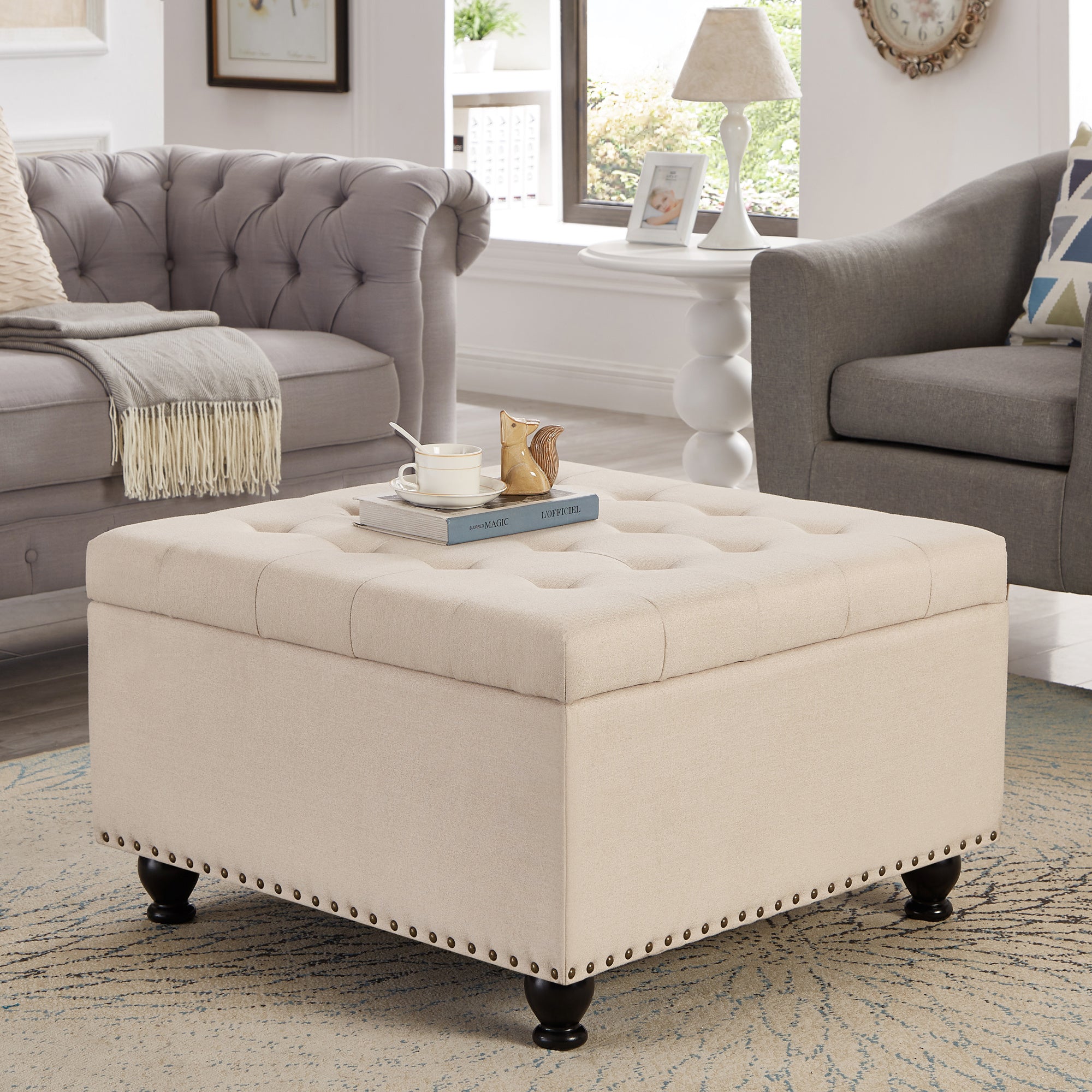 Large square storage ottoman with wooden legs, Upholstered button tufted coffee table with nail trims for Living Space,Beige