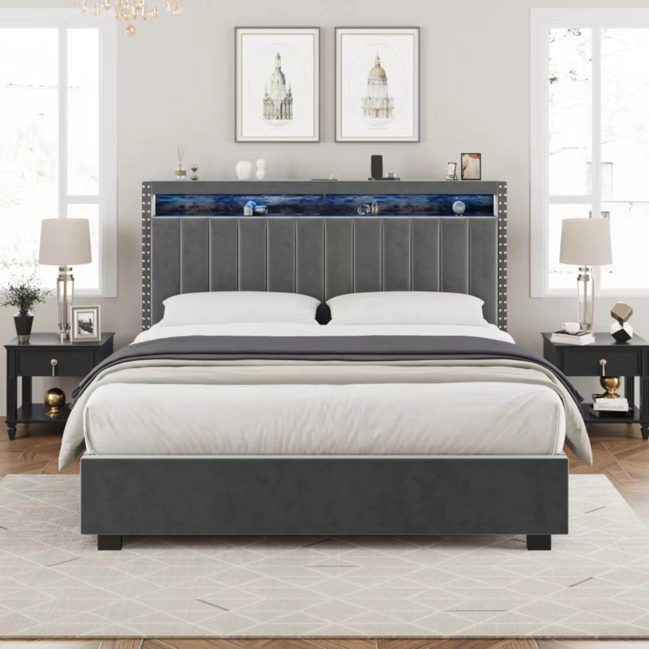 Luxury Gas Lift Storage Bed with RF LED Lights, Storage Headboard ,King Size ,Velvet Grey