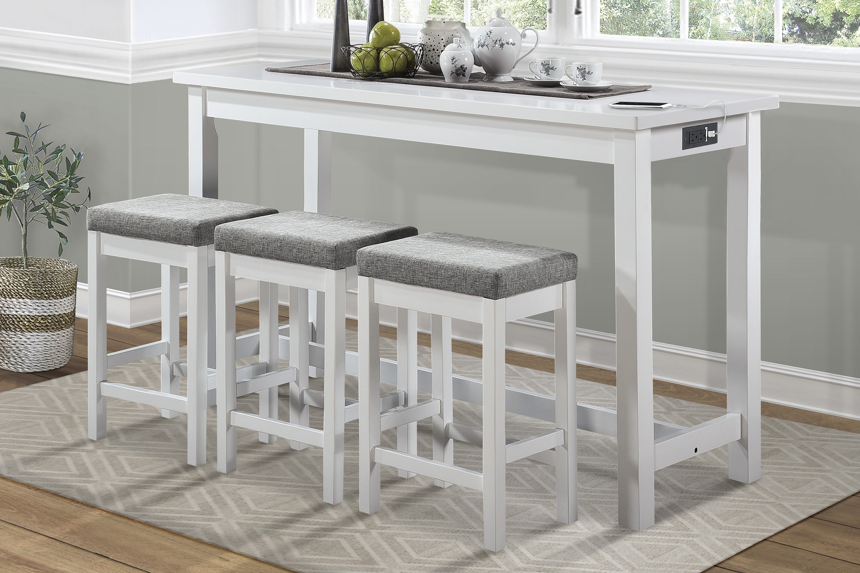 4pc Counter Height Dining Set White Finish Counter Height Table w Drawer Built-in USB Ports Power Outlets and 3 Stools Casual Dining Furniture