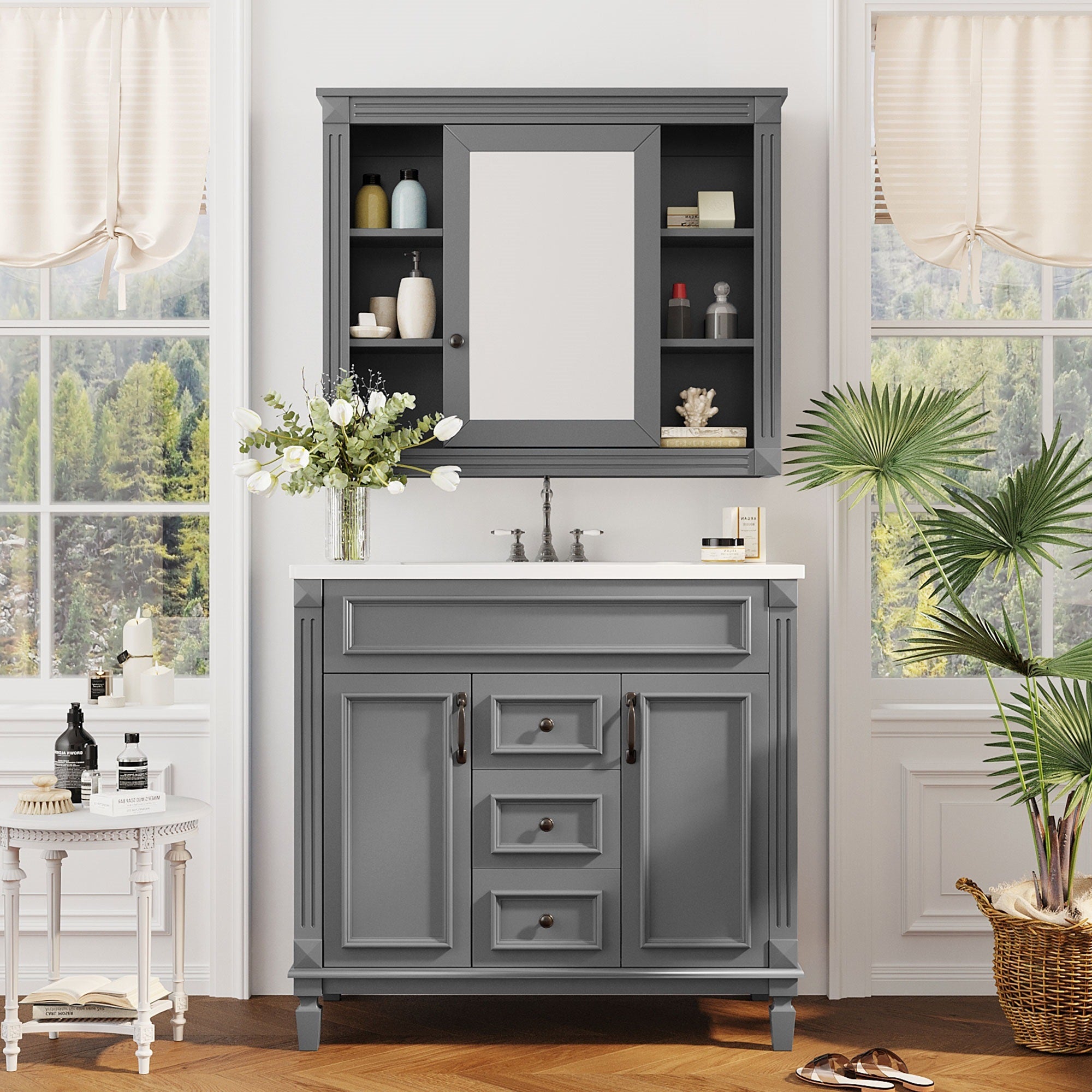 36'' Bathroom Vanity with Top Sink, Grey Mirror Cabinet, Modern Bathroom Storage Cabinet with 2 Soft Closing Doors and 2 Drawers, Single Sink Bathroom Vanity