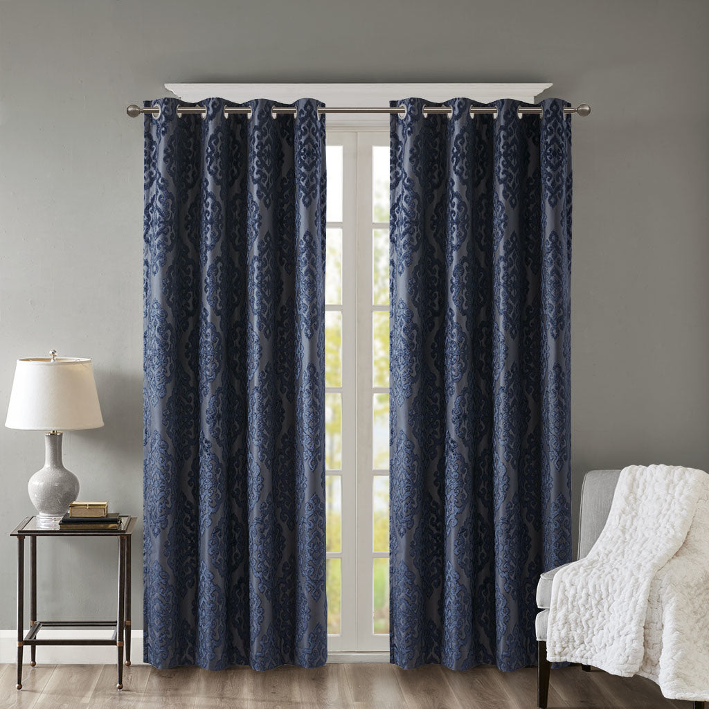 Knitted Jacquard Damask Total Blackout Grommet Top Curtain Panel