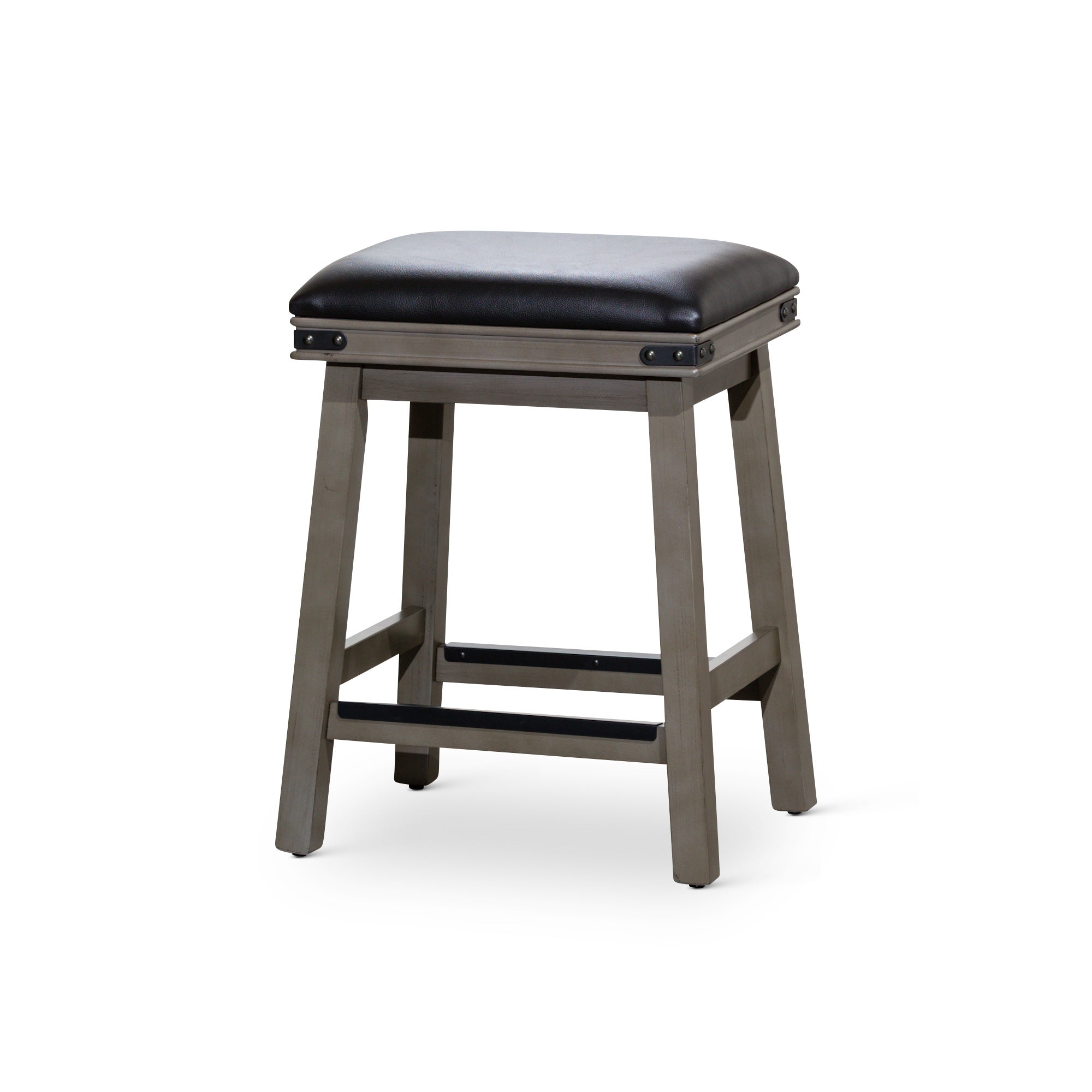 24" Counter Stool, Weathered Gray Finish, Black Leather Seat