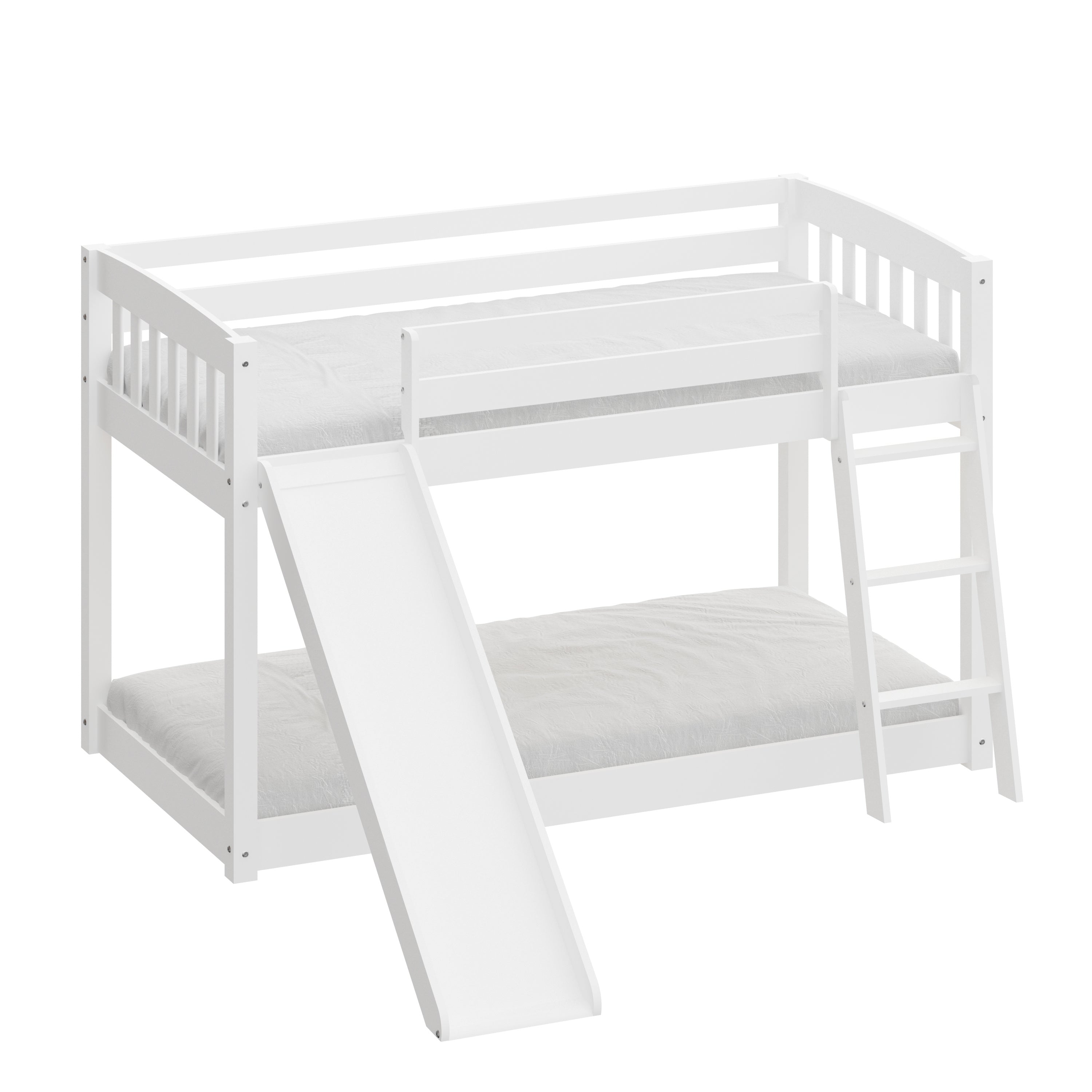 Kids Bunk Bed Twin Over Twin with Slide and Stairs, Heavy Duty Solid Wood Twin Bunk Beds, Toddler Bed Frame with Safety Guardrails, White