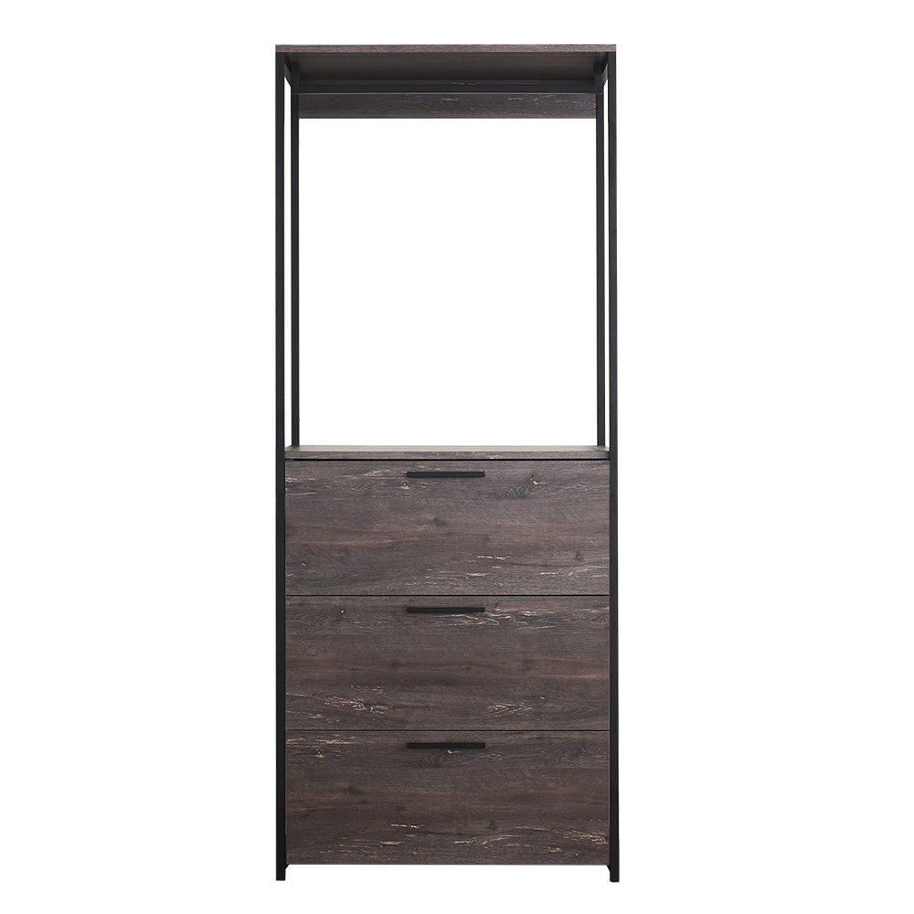 Monica Wood Walk-in Closet with Three Drawers and One Shelf in Rustic Gray