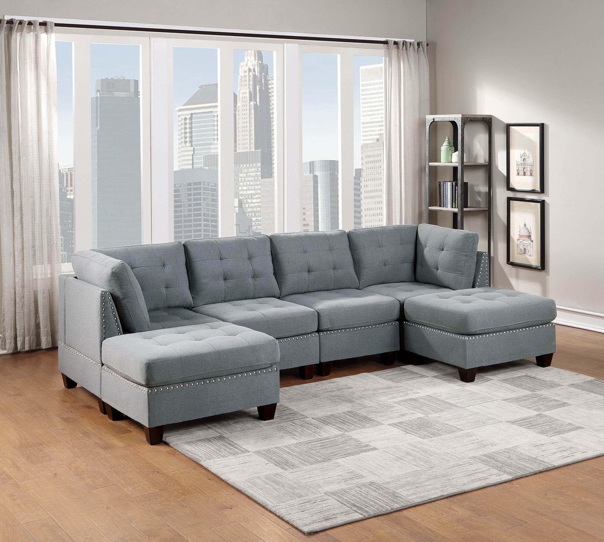 Modular Sectional 6pc Set Living Room Furniture U-Sectional Tufted Nail heads Couch Gray Linen Like Fabric 2x Corner Wedge 2x Armless Chairs and 2x Ottomans