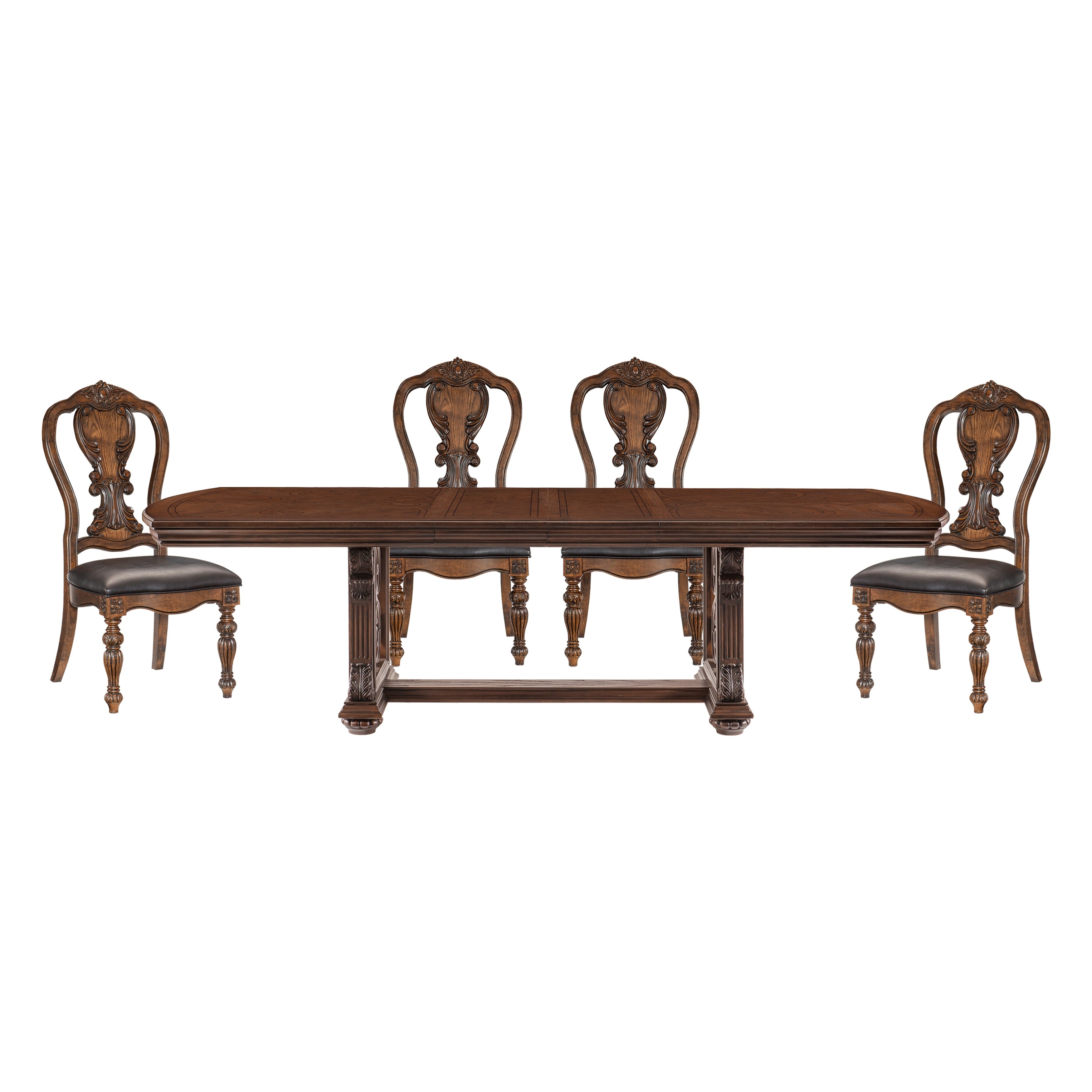 Lavish Style Formal Dining 5pc set Dining Table w Extension Leaf and 4x Side Chairs Dark Oak Finish Wooden Furniture