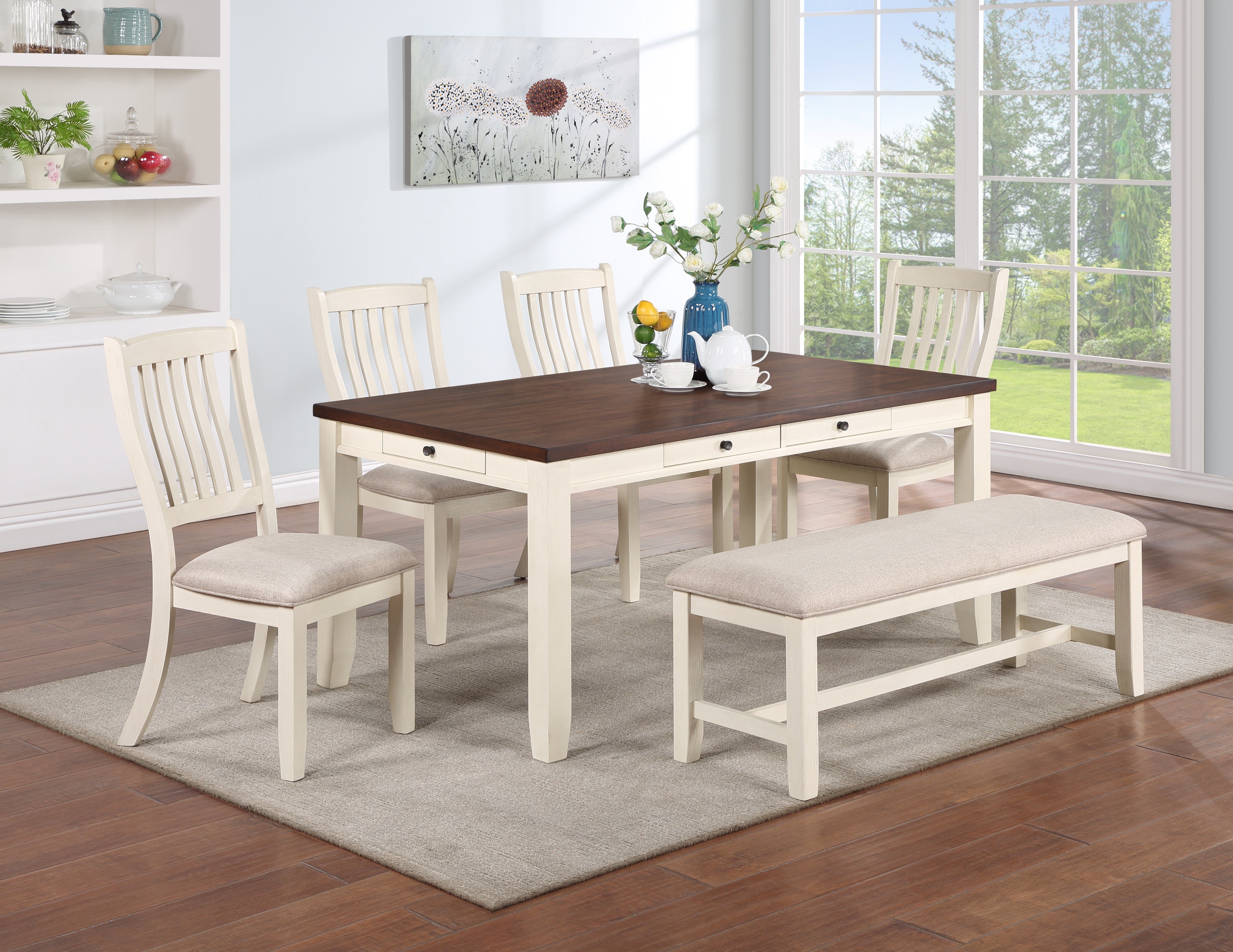 Luxury Look Dining Room Furniture 6pc Dining Set Dining Table w Drawers 4x Side Chairs 1x Bench White Rubberwood Walnut Acacia Veneer Slat Back Chair