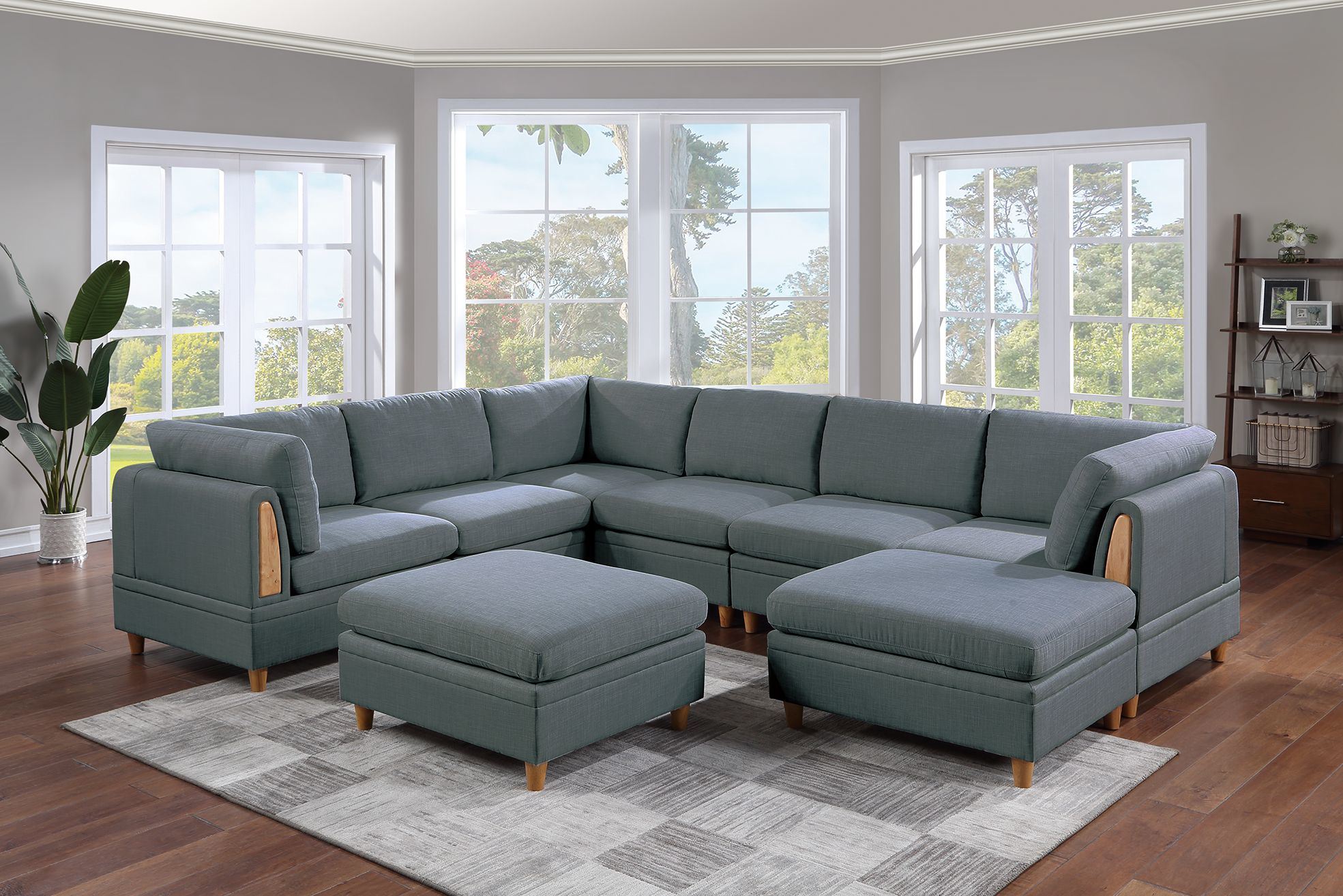 Living Room Furniture 8pc Sectional Sofa Set Steel Dorris Fabric Couch 3x Wedges 3x Armless Chair And 2x Ottomans