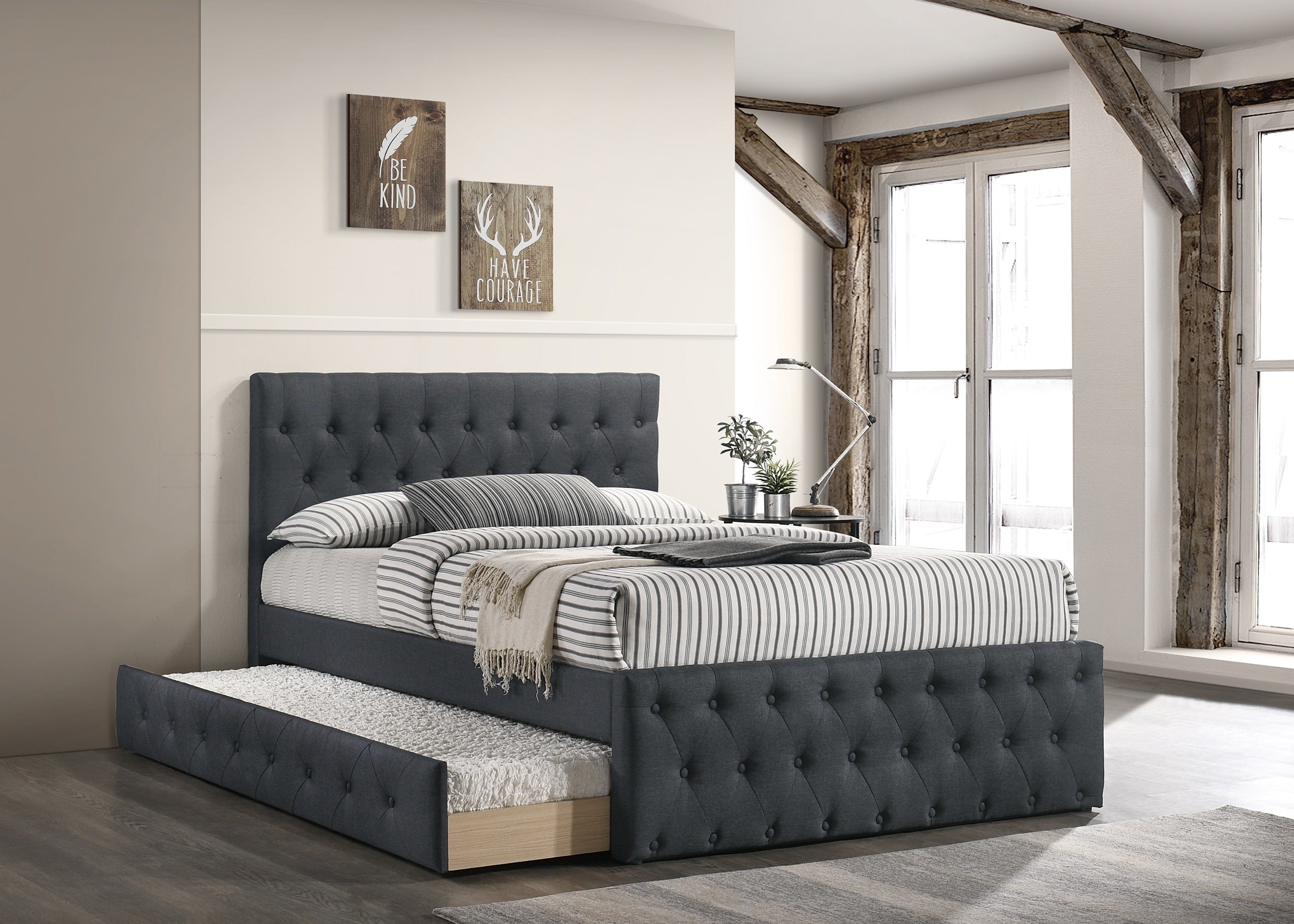 Contemporary Twin Size Bed w/ Trundle Slats Charcoal Burlap Upholstered Button Tufted Headboard Footboard Youth Bedroom Furniture wooden Slats 1pc Bed