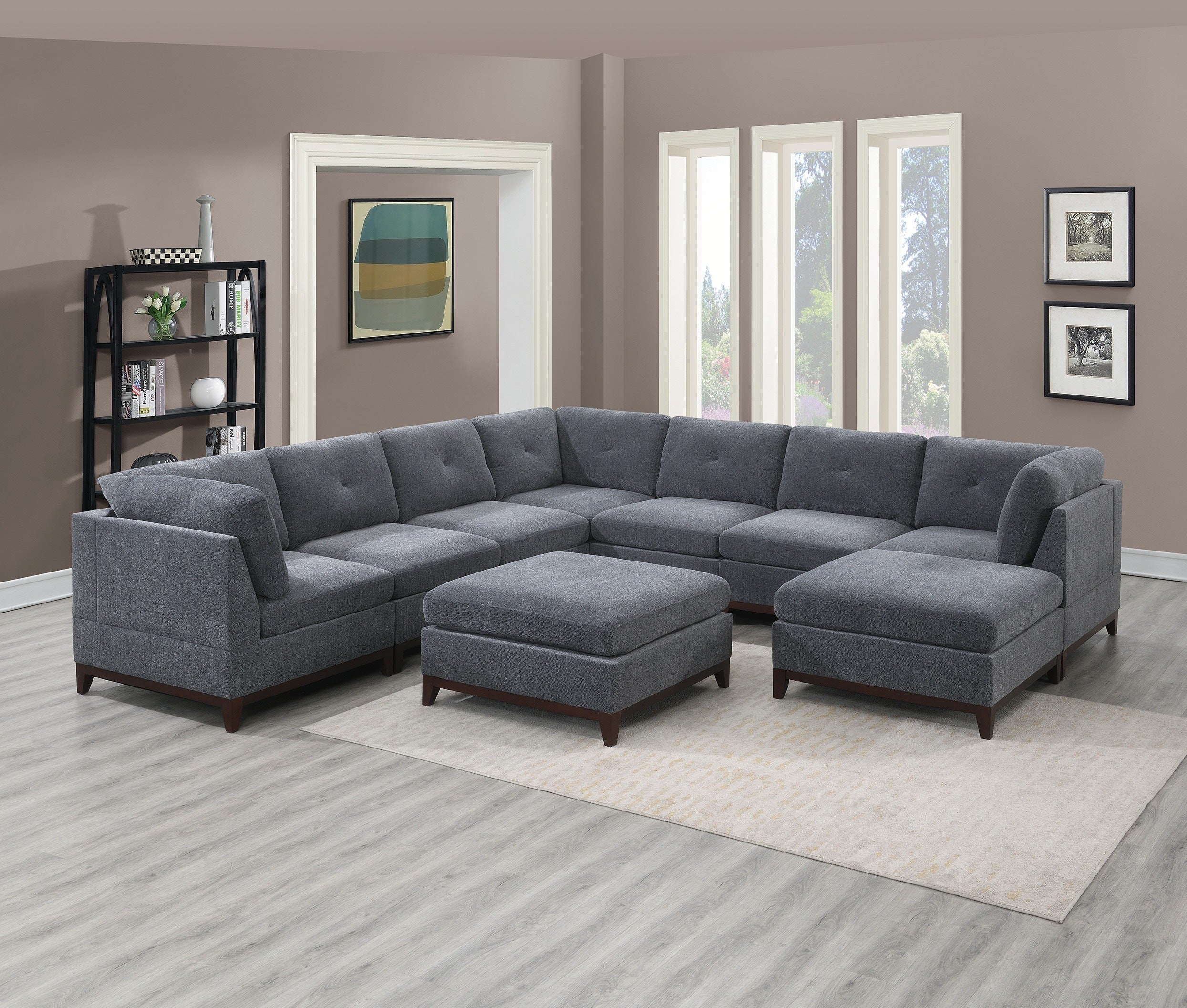 Ash Grey Chenille Fabric Modular Sectional 9pc Set Living Room Furniture Corner Sectional Couch 3x Corner Wedge 4x Armless Chairs and 2x Ottomans Tufted Back.