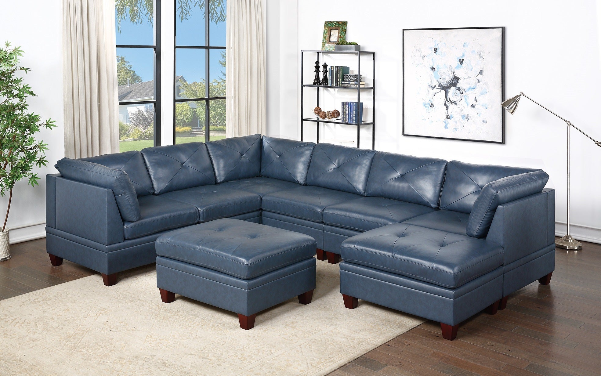 Genuine Leather Ink Blue Tufted 8pc Sectional Set 3x Corner Wedge 3x Armless Chair 2x Ottomans Living Room Furniture Sofa Couch