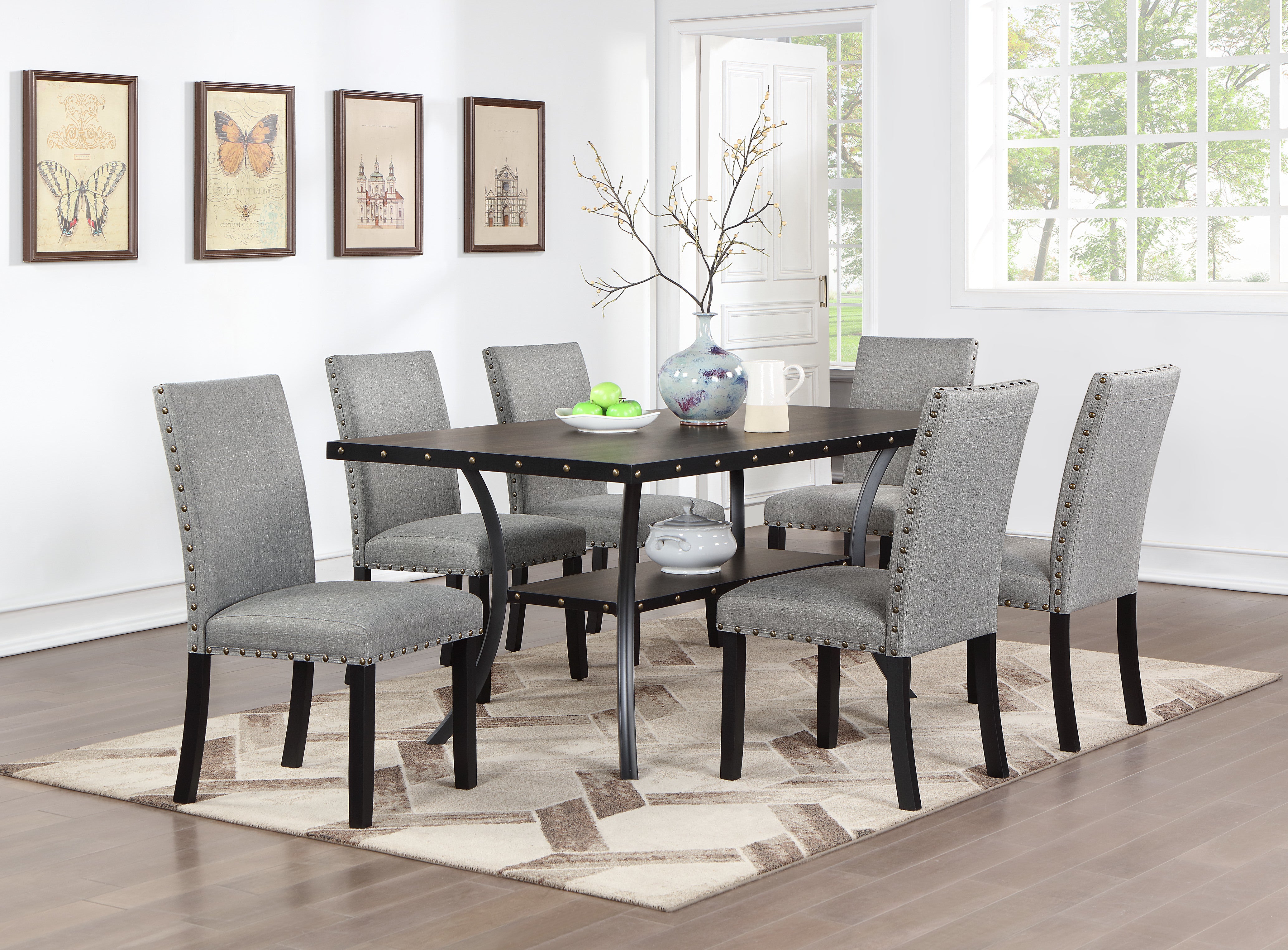 Modern Classic Dining Room Furniture Natural Wooden Rectangle Top Dining Table 6x Side Chairs Gray Fabric Nail heads Trim and Storage Shelve 7pc Dining Set