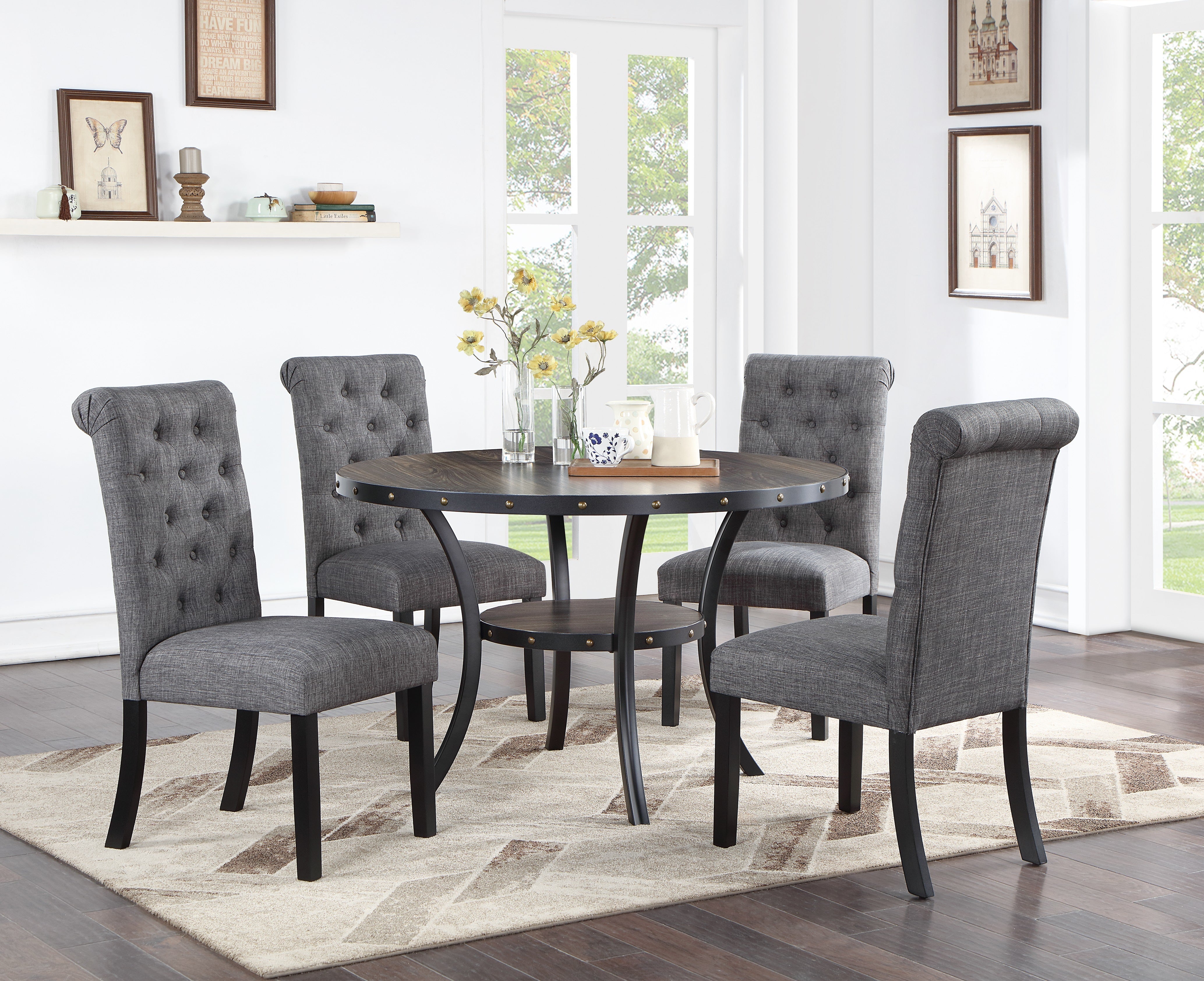 Modern Classic Dining Room Furniture Natural Wood Round Dining Table 4x Side Chairs Charcoal Fabric Tufted Roll Back Top Chair Nail heads Trim Storage Shelve 5pc Dining Set