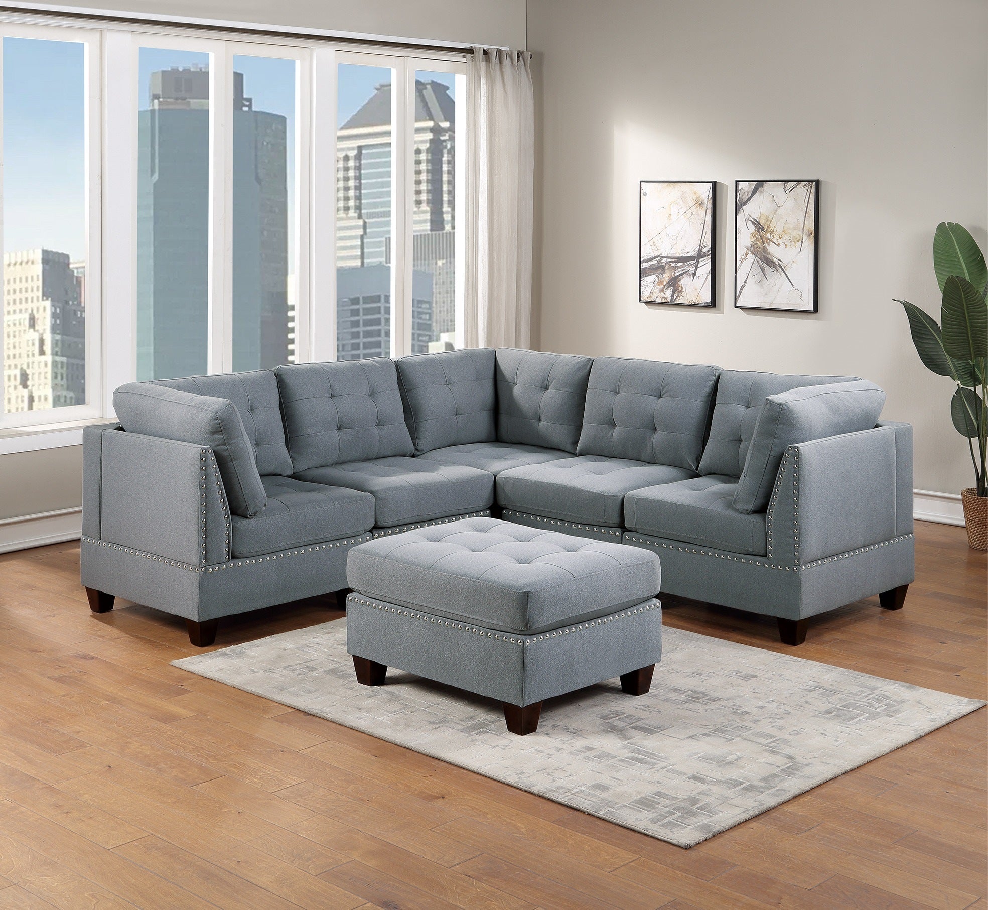 Modular Sectional 6pc Set Living Room Furniture Corner Sectional Tufted Nail heads Couch Gray Linen Like Fabric 3x Corner Wedge 2x Armless Chairs and 1x Ottoman