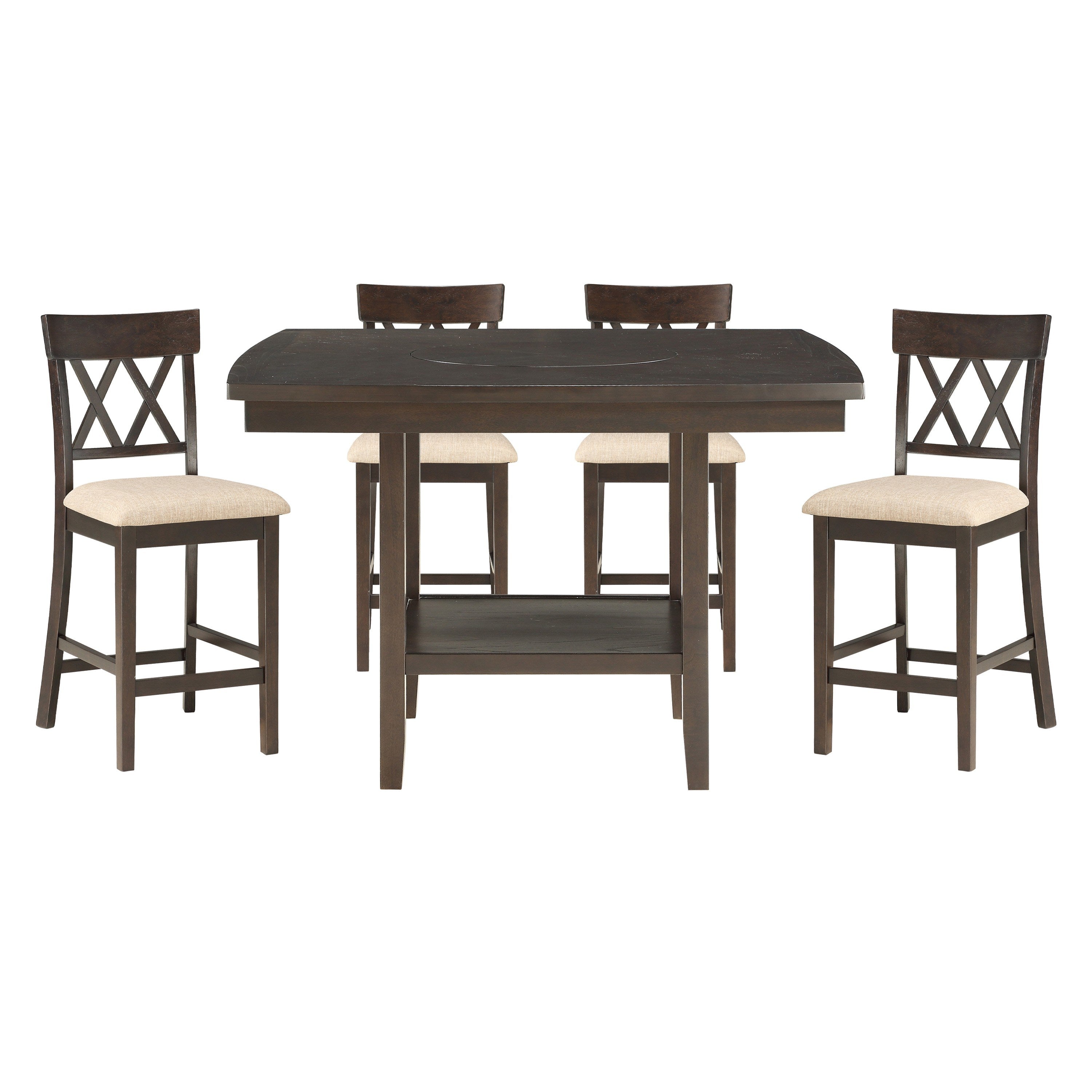 Dark Brown Finish Counter Height Table with Lazy Susan Lower Display Shelf and 4x Counter Height Chairs Contemporary Dining 5pc Set Wooden Furniture