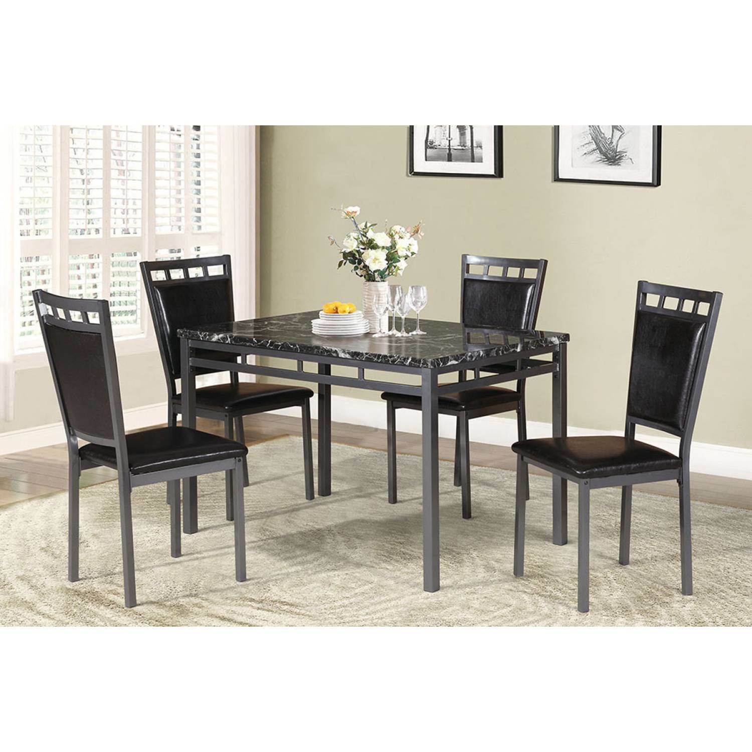 Dining Room Furniture 5pc Dining Set Table And 4x Chairs Faux Marble Top table Espresso PU Upholstered Chairs Kitchen Dinette