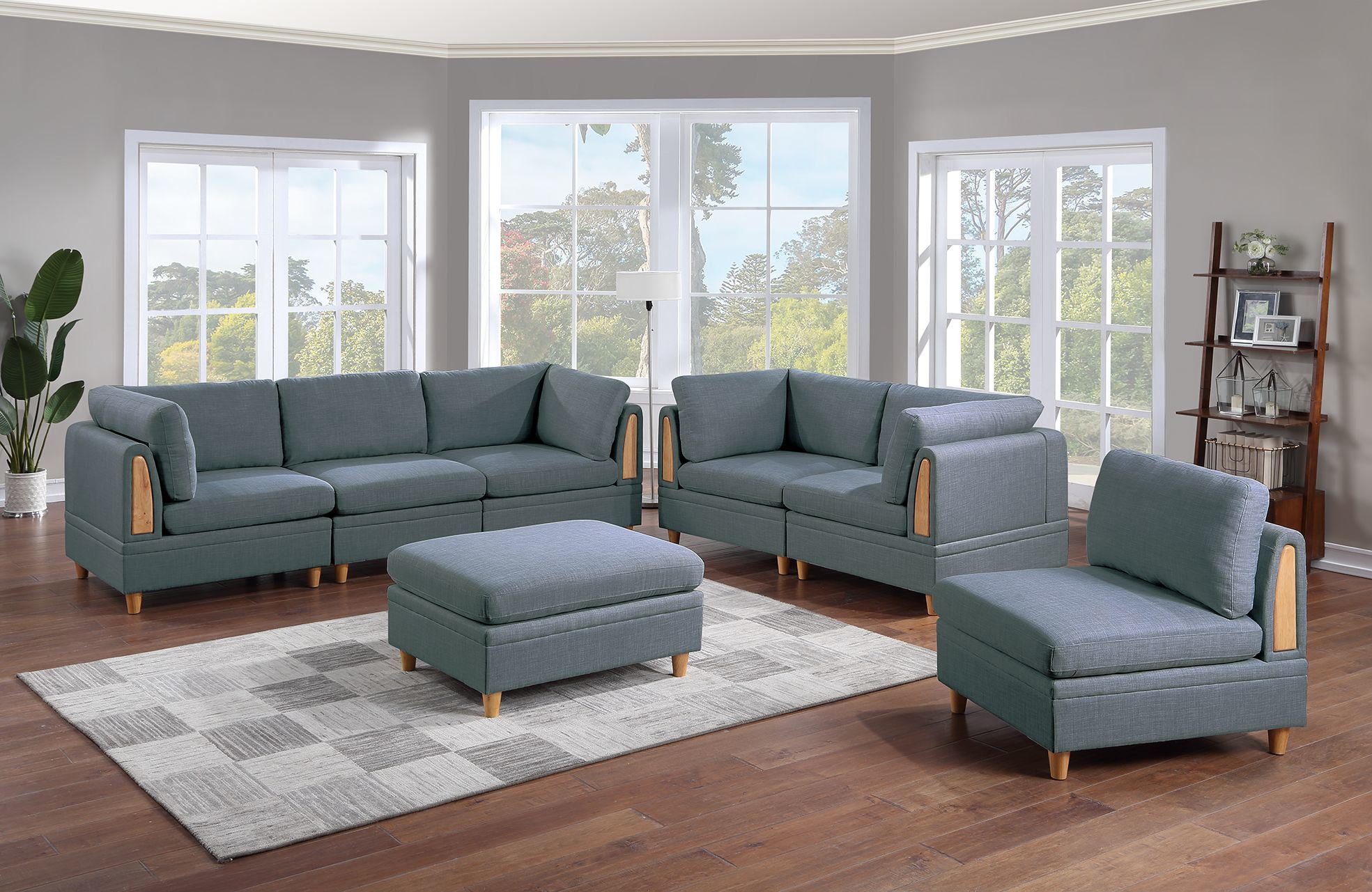 Contemporary Living Room Furniture 7pc Sectional Sofa Set Steel Dorris Fabric Couch 4x Wedges 2x Armless Chair And 1x Ottomans