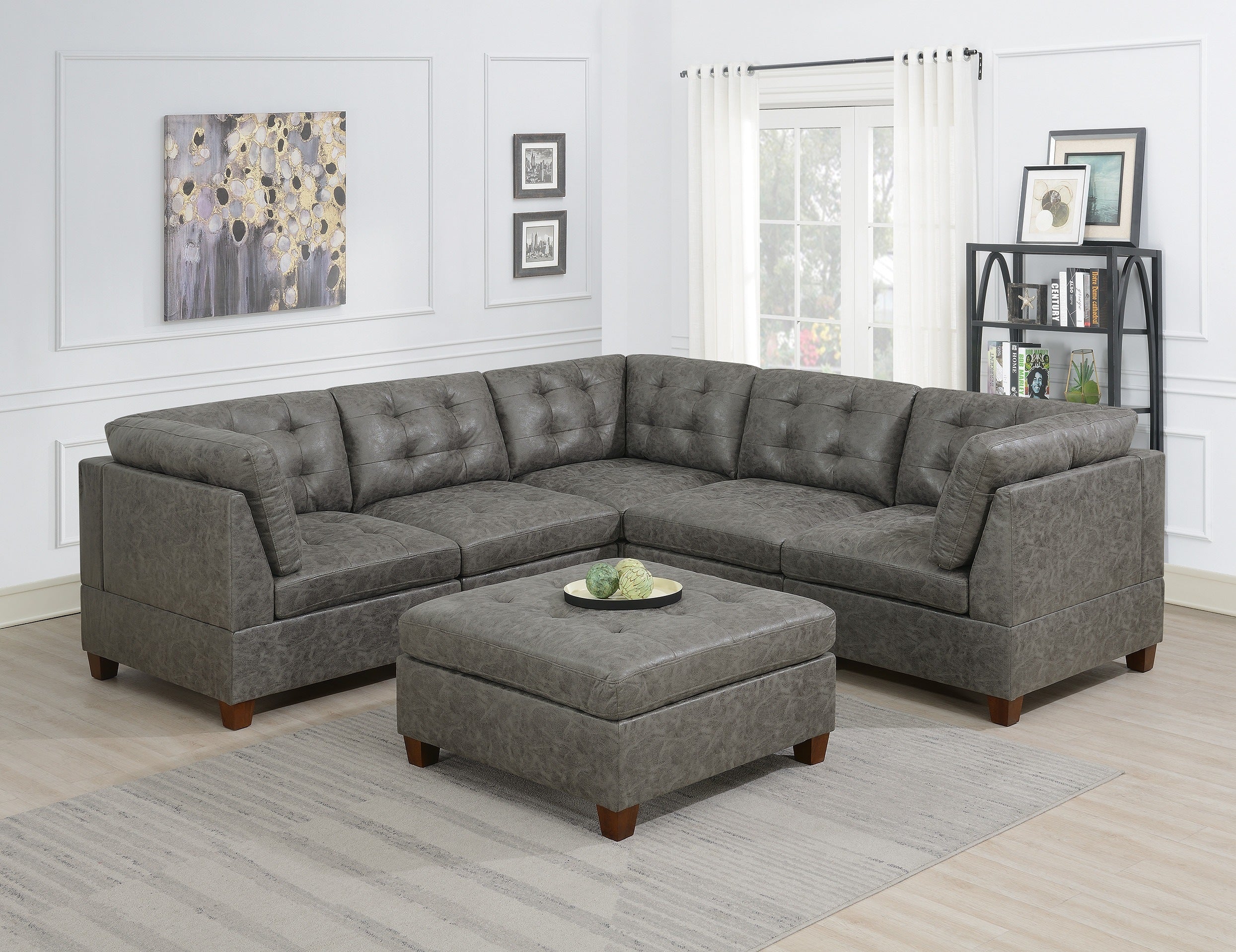 Living Room Furniture Antique Grey Modular Sectional 6pc Set Breathable Leatherette Tufted Couch 3x Corner Wedge 2x Armless Chairs and 1x Ottoman