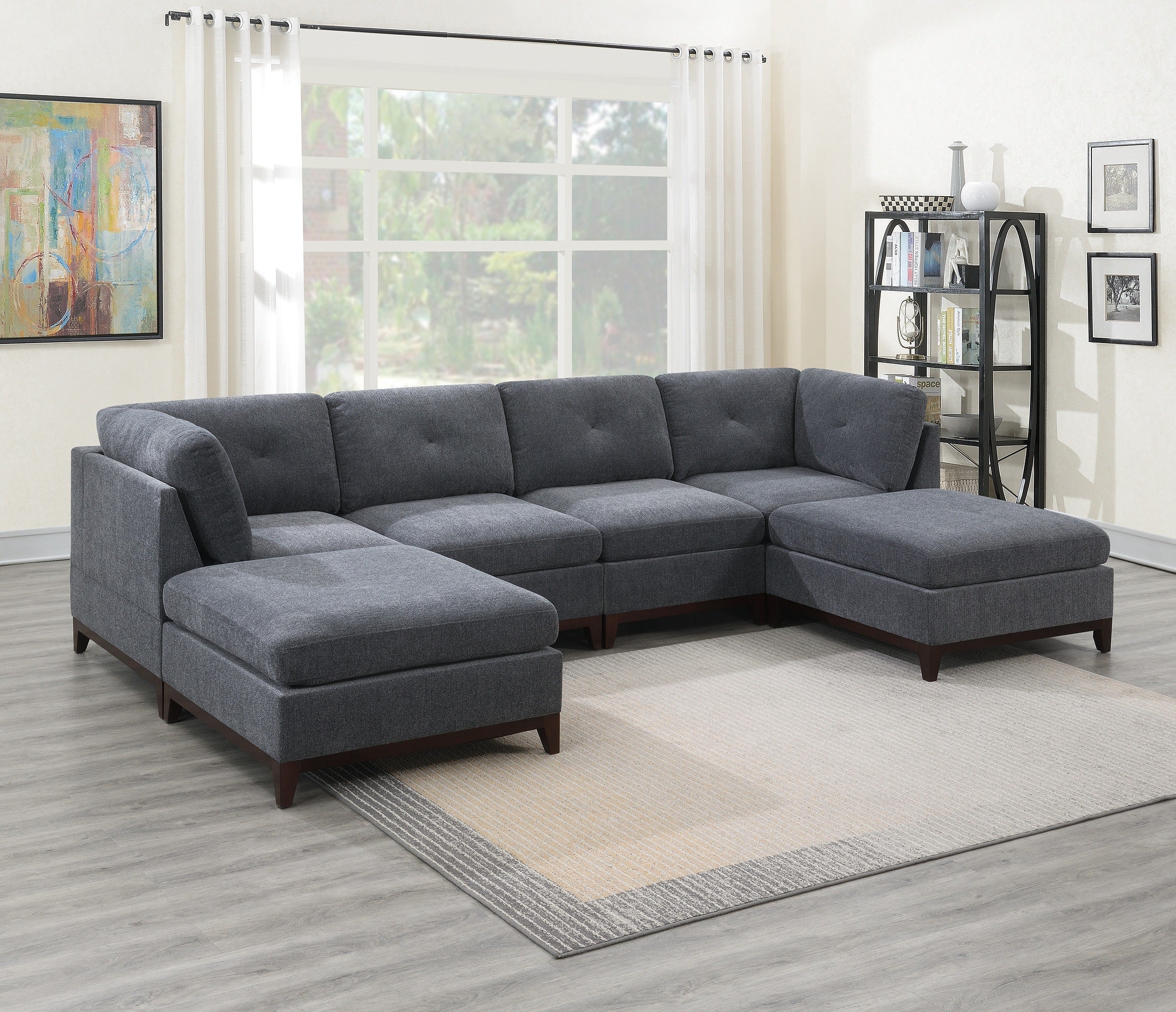 Ash Grey Chenille Fabric Modular Sectional 6pc Set Living Room Furniture U-Sectional Couch 2x Corner Wedge 2x Armless Chairs and 2x Ottomans Tufted Back.