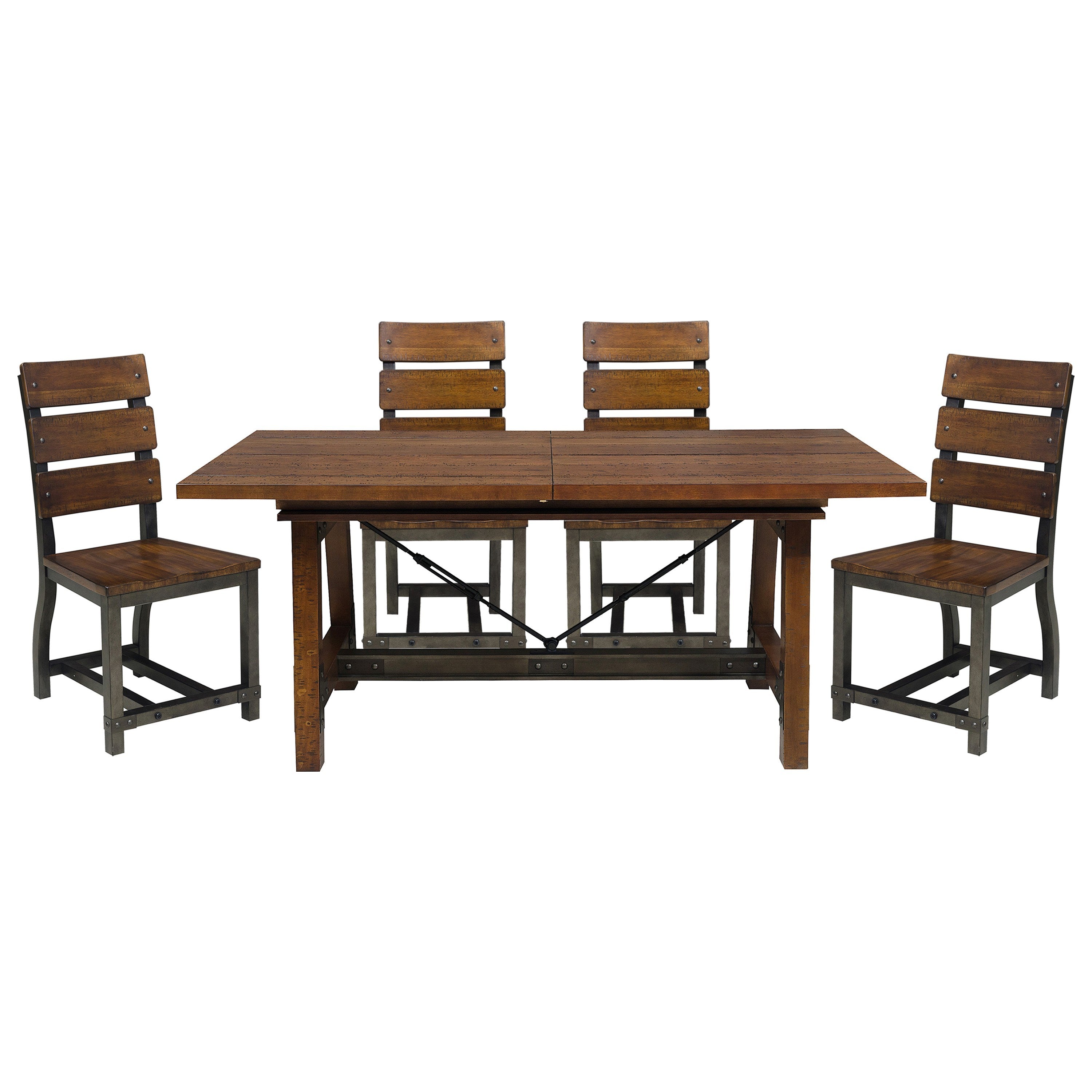 Rustic Brown Dining Set 5pc Dining Table with Extension Leaf and 4 Side Chairs Industrial Design Gunmetal Finish Wooden Furniture