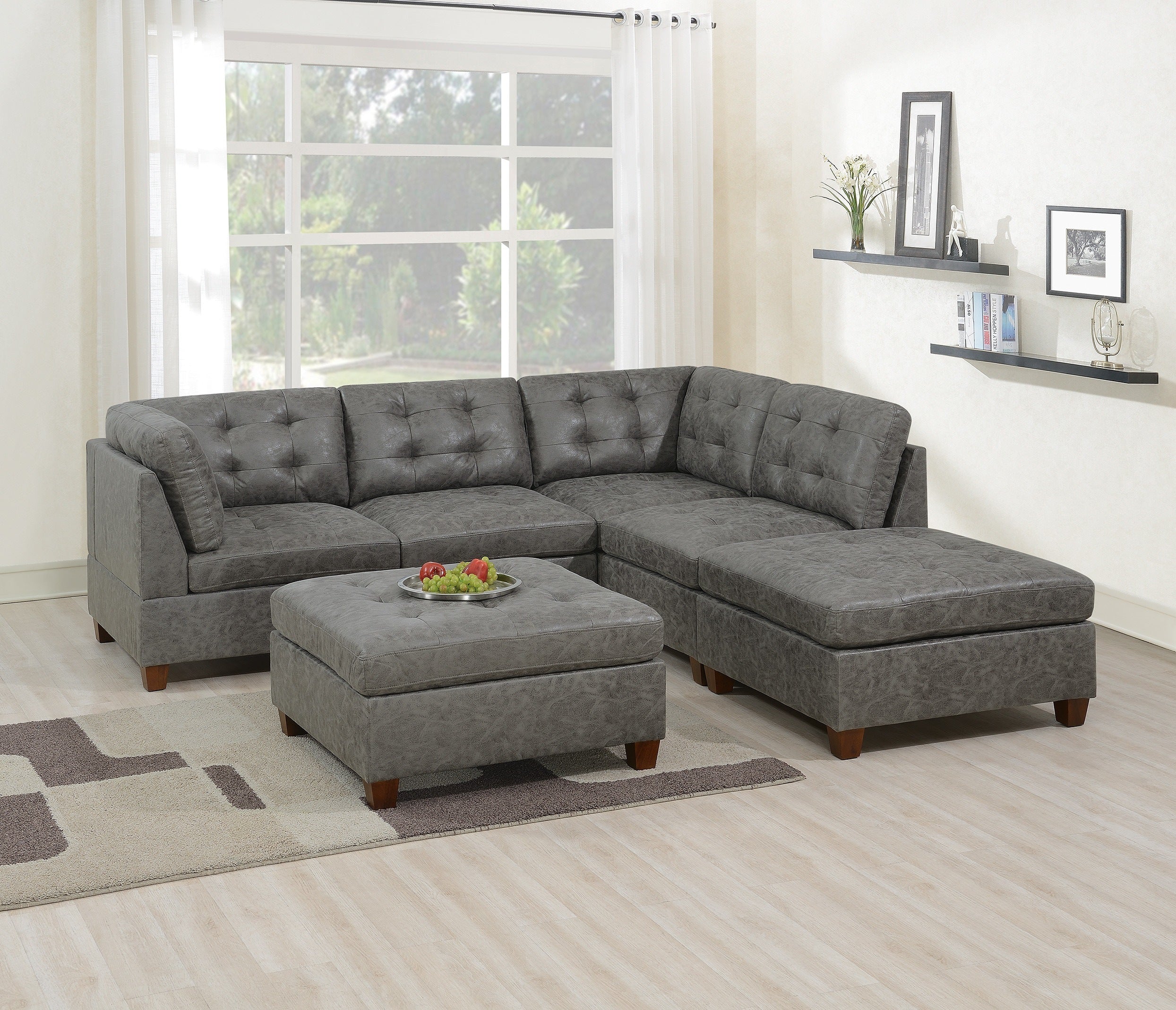 Living Room Furniture Antique Grey Modular Sectional 6pc Set Breathable Leatherette Tufted Couch 2x Corner Wedge 2x Armless Chairs and 2x Ottoman L-Shaped