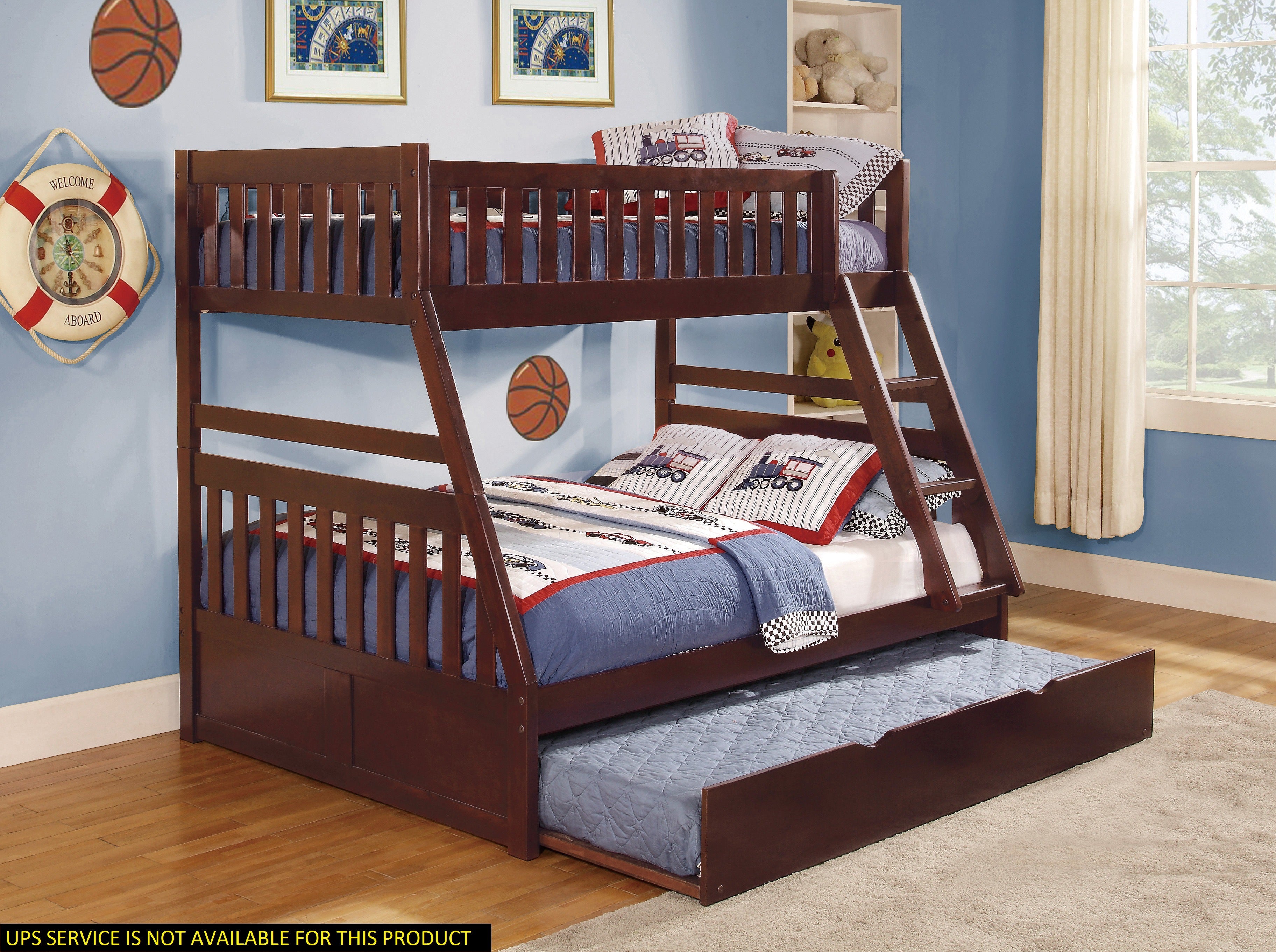 1pc Twin/Full Bunk Bed with Twin Trundle Dark Cherry Finish Wooden Bedroom Furniture