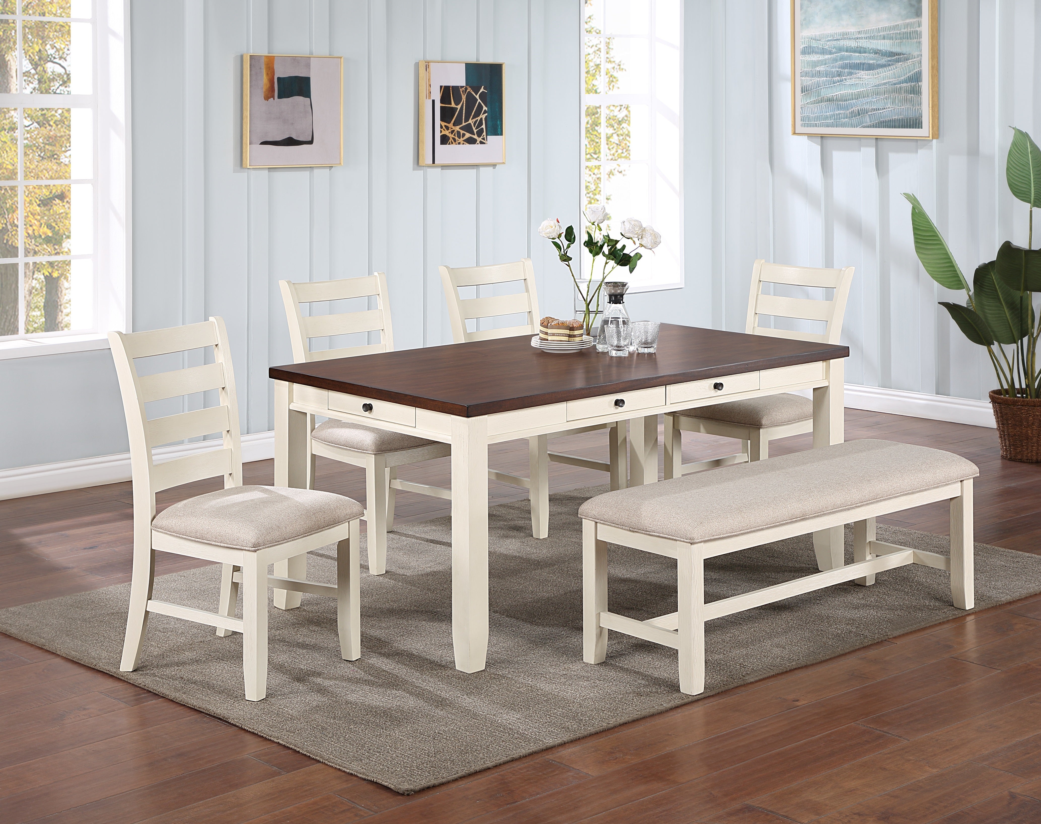 Luxury Look Dining Room Furniture 6pc Dining Set Dining Table w Drawers 4x Side Chairs 1x Bench White Rubberwood Walnut Acacia Veneer Ladder Back Chair