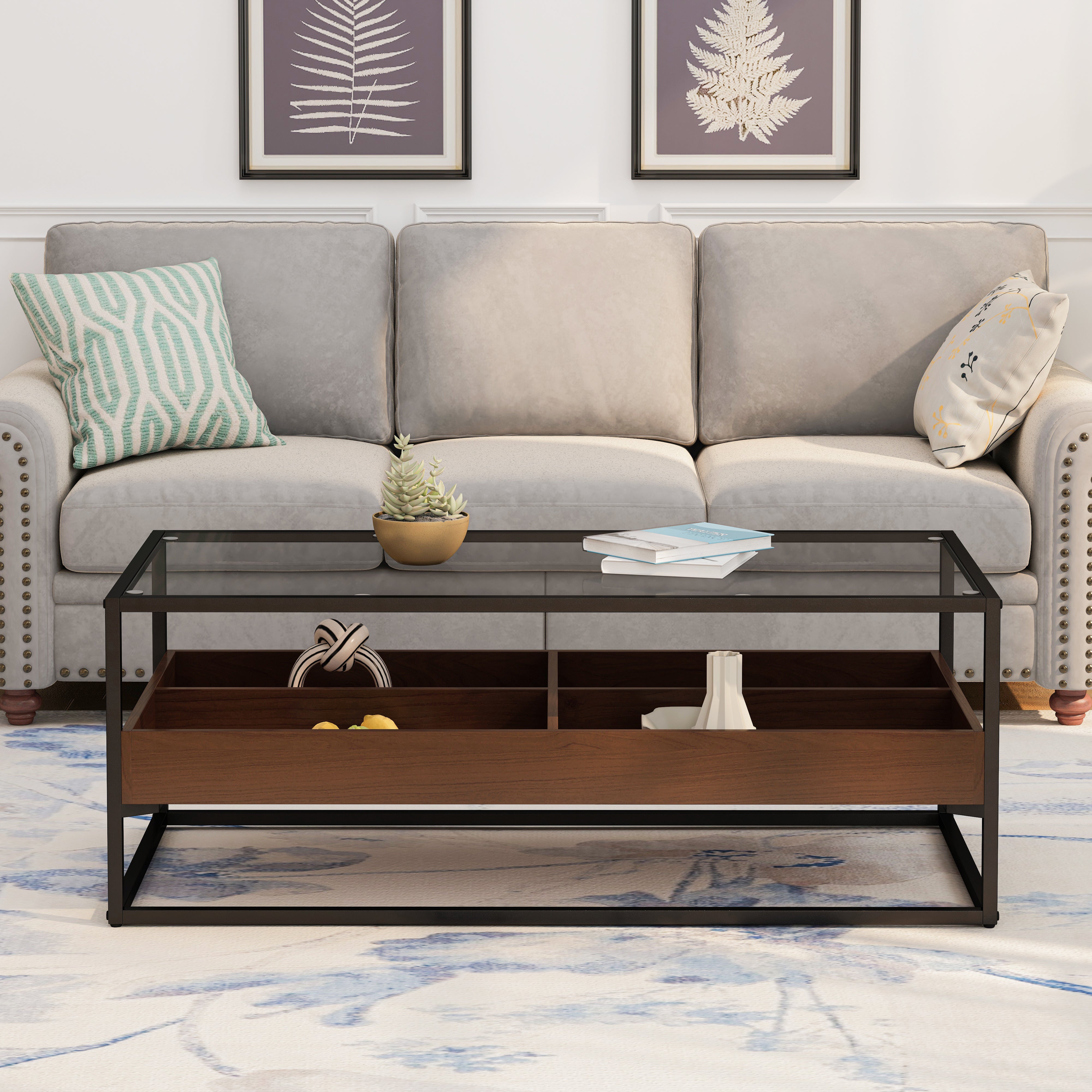 47.24"Rectangle Glass Coffee Table with storage shelf and metal table legs , Home Furniture for Living Room