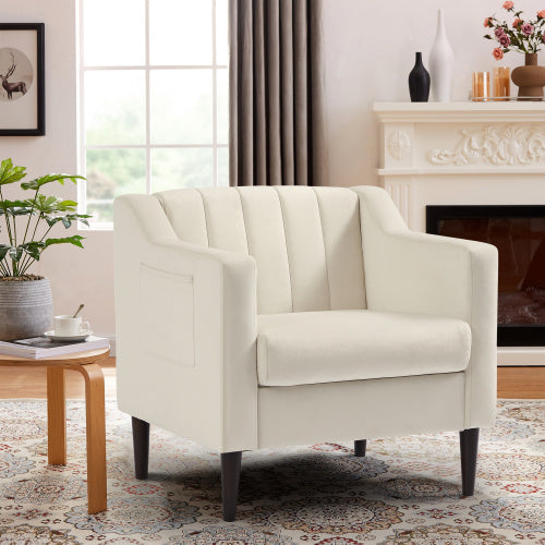 Modern Upholstered Tufted Accent Chair, Velvet Fabric Single Sofa Side Chair, Comfy Barrel Club Living Room Armchair with Solid Wood Legs for Bedroom Living Reading Room Office