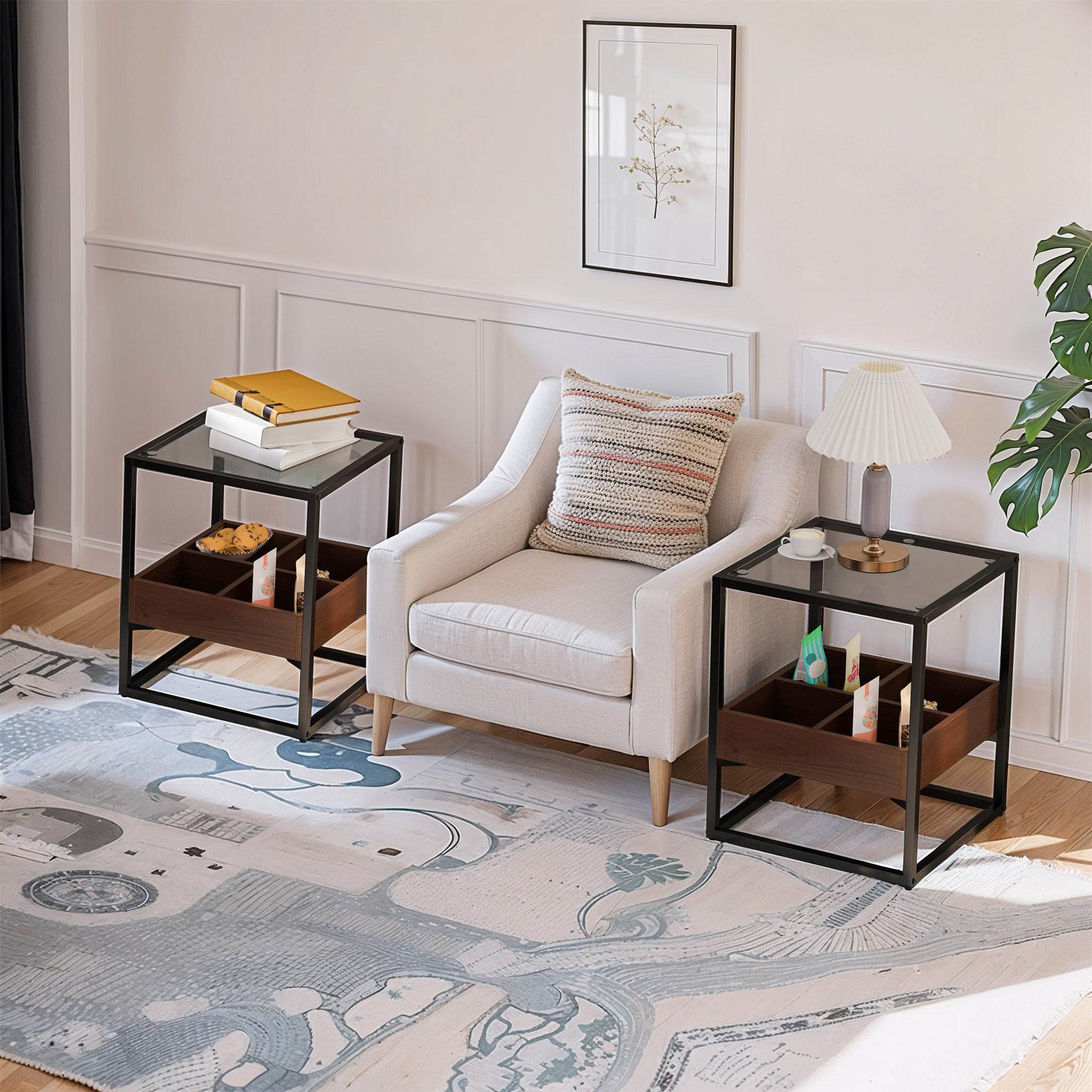 17.72" Modern Coffee Table Side Table With Storage Shelf and Metal Table Legs for Bedroom,Living Room (set of 2)