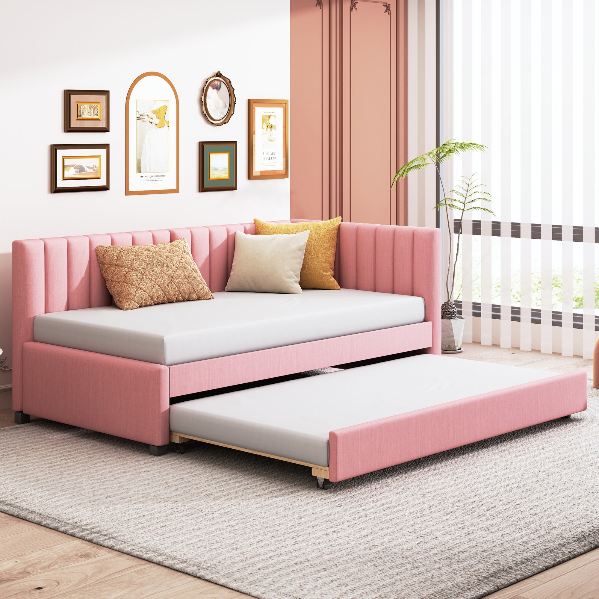 Upholstered Daybed with Trundle Twin Size Sofa Bed Frame No Box Spring Needed, Linen Fabric(Pink)