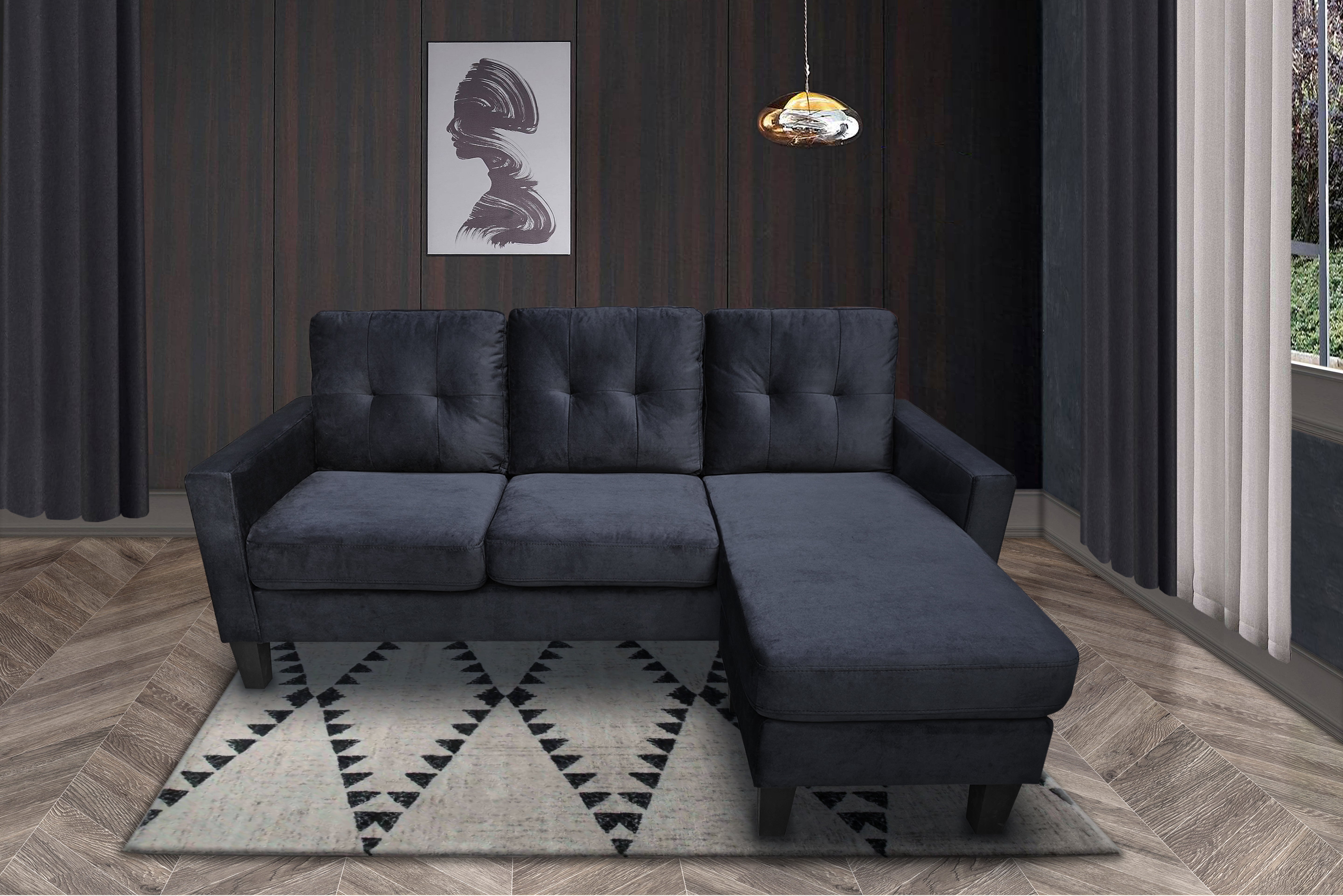 Everett 72.5" Black Velvet Reversible Sectional Sofa Chaise