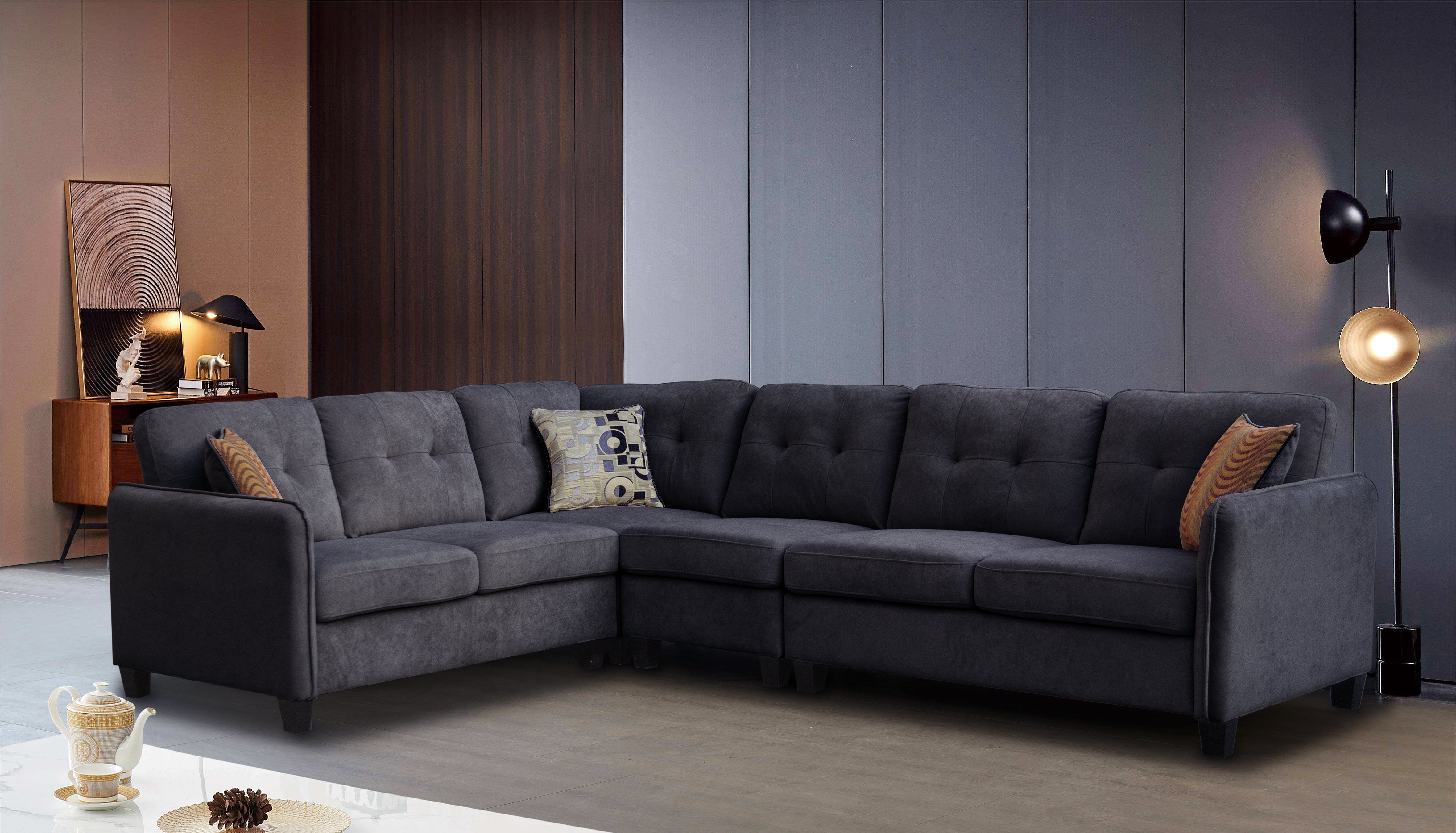 Archie 114.5" Black Velvet 6-Seater Sectional Sofa