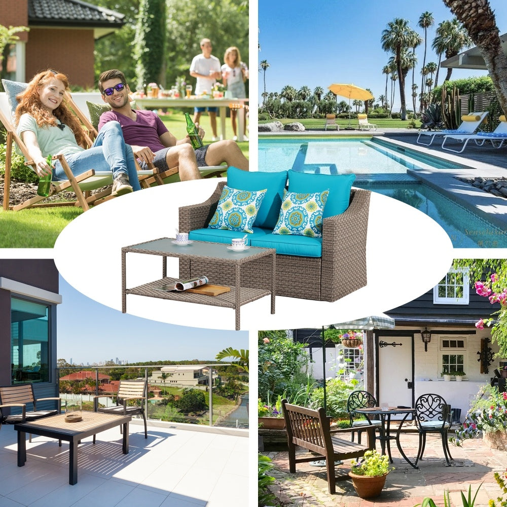 Outdoor Brown Wicker PE Rattan Patio Sofas Double Couch Set With Coffee Table Couch Cushion