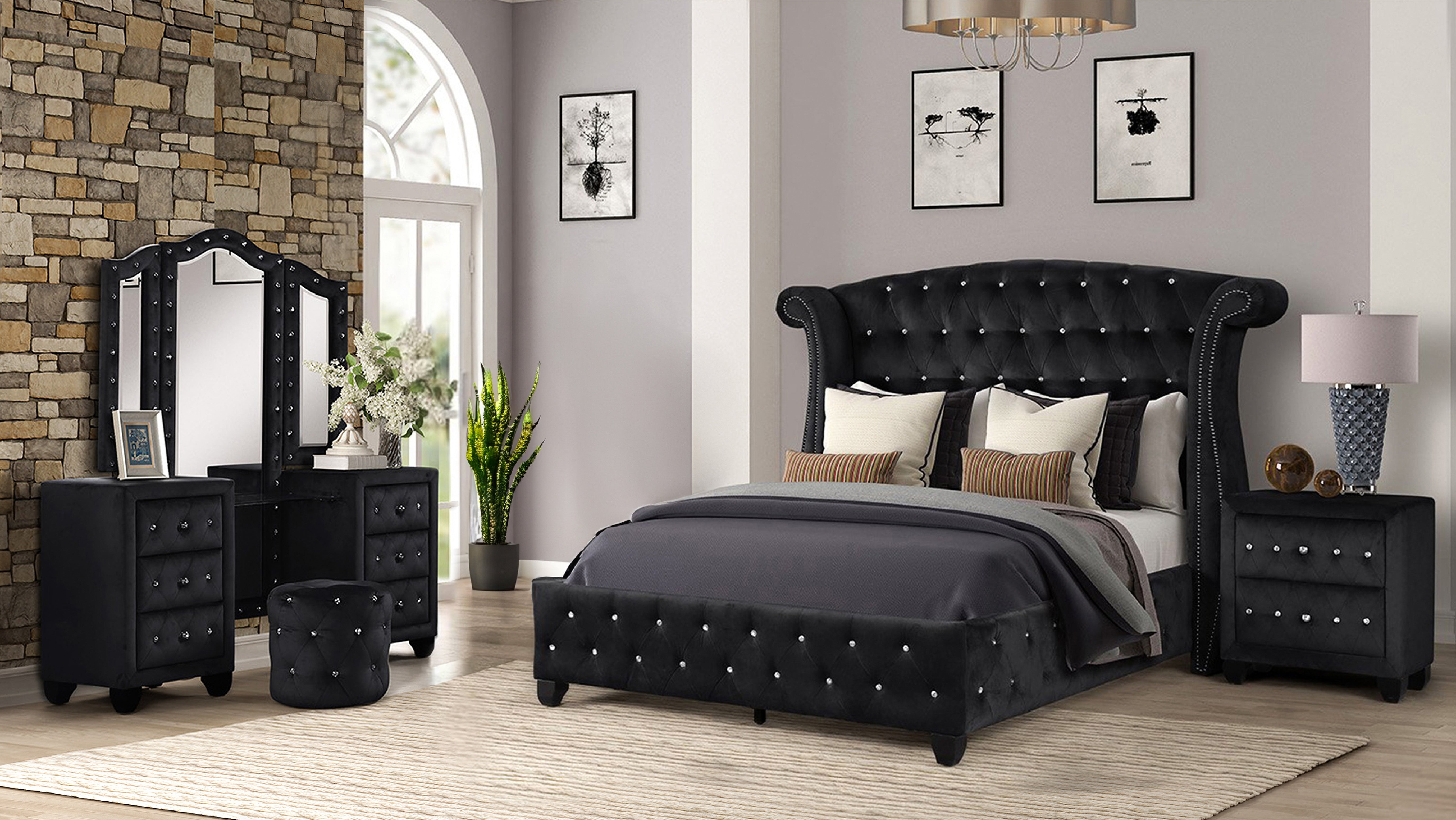 Sophia Queen 4 Pc Vanity Upholstery Bedroom Set Made With Wood in Black