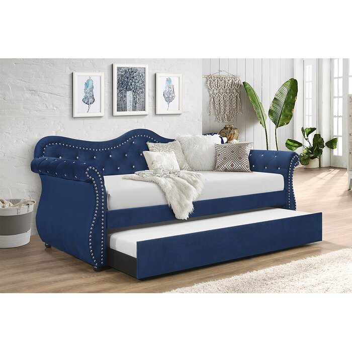 Galaxy Home Abby Upholstered Velvet Wood Daybed with Trundle in Blue