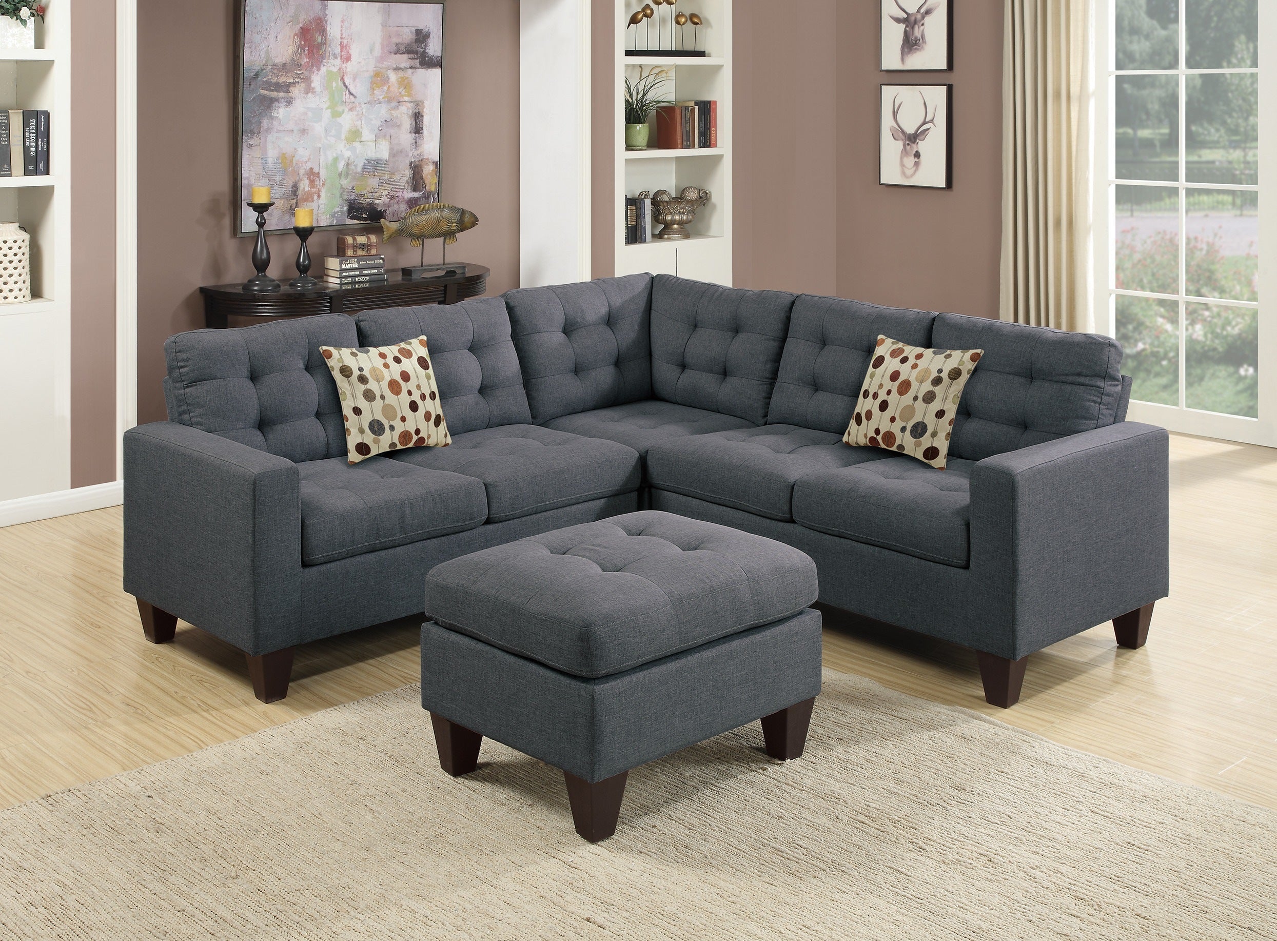 Modular Sectional w Ottoman Blue Grey Polyfiber 4pcs Sectional Sofa LAF And RAF Loveseat Corner Wedge Ottoman Tufted Cushion Couch