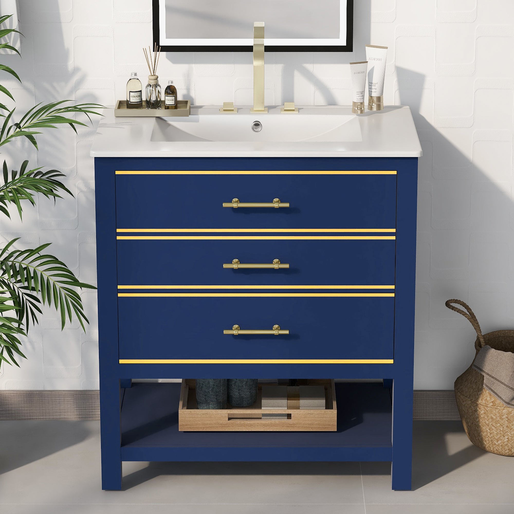 [Viedo]Modern 30inch Navy Blue/White Bathroom Vanity Cabinet Combo with Open
Storge, Two Drawers