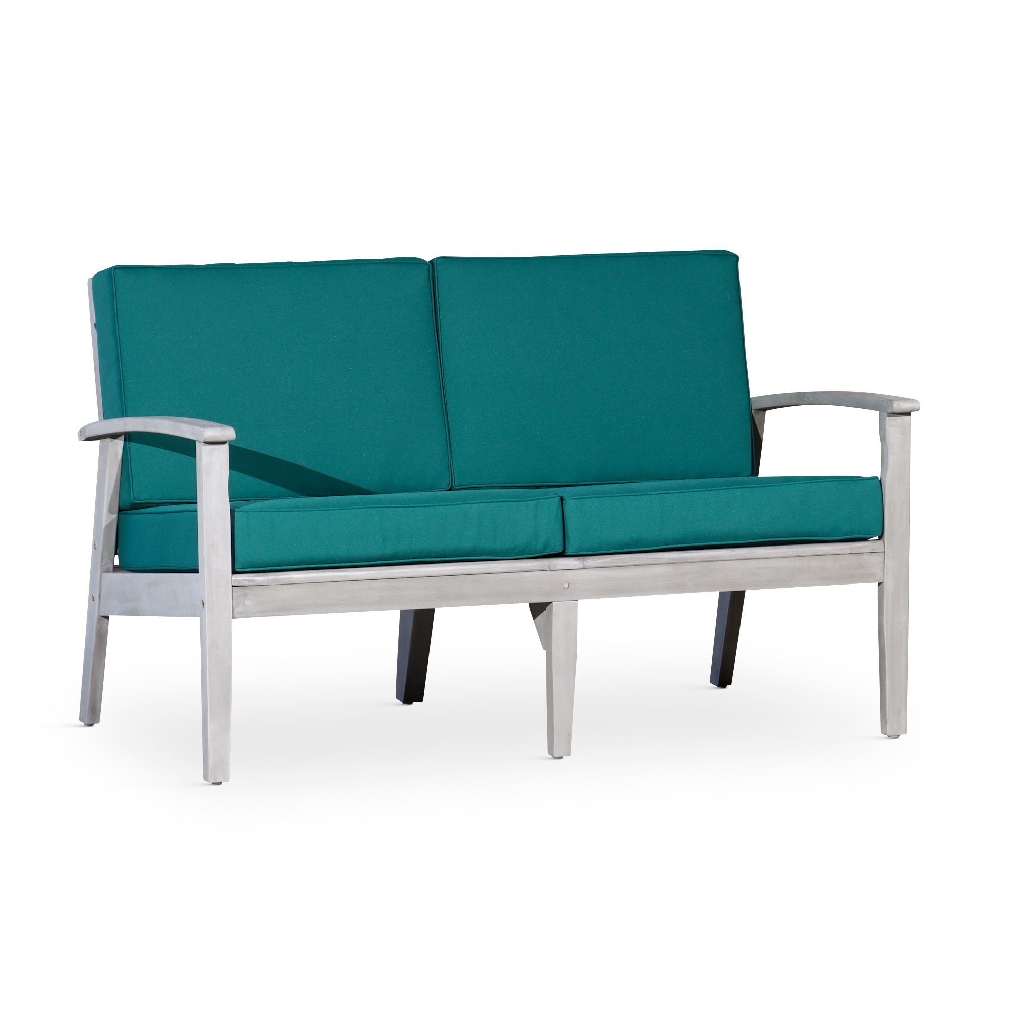 Eucalyptus Loveseat with Cushions, Silver Gray Finish, Dark Green Cushions