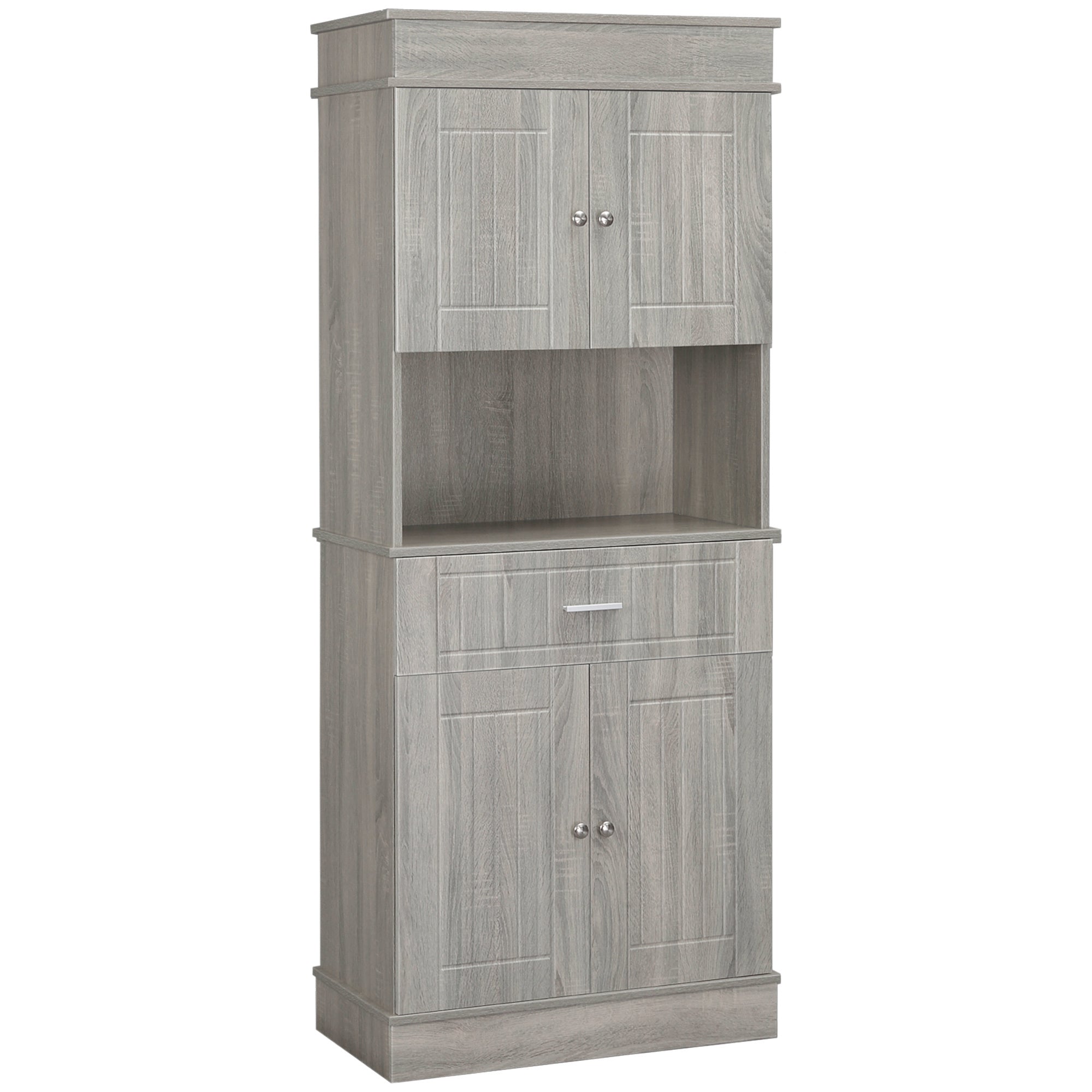 72" Kitchen Buffet with Hutch, Freestanding Pantry Cabinet with Utility Drawer, 2 Door Cabinets, Adjustable Shelves and Countertop, Gray Wood Grain