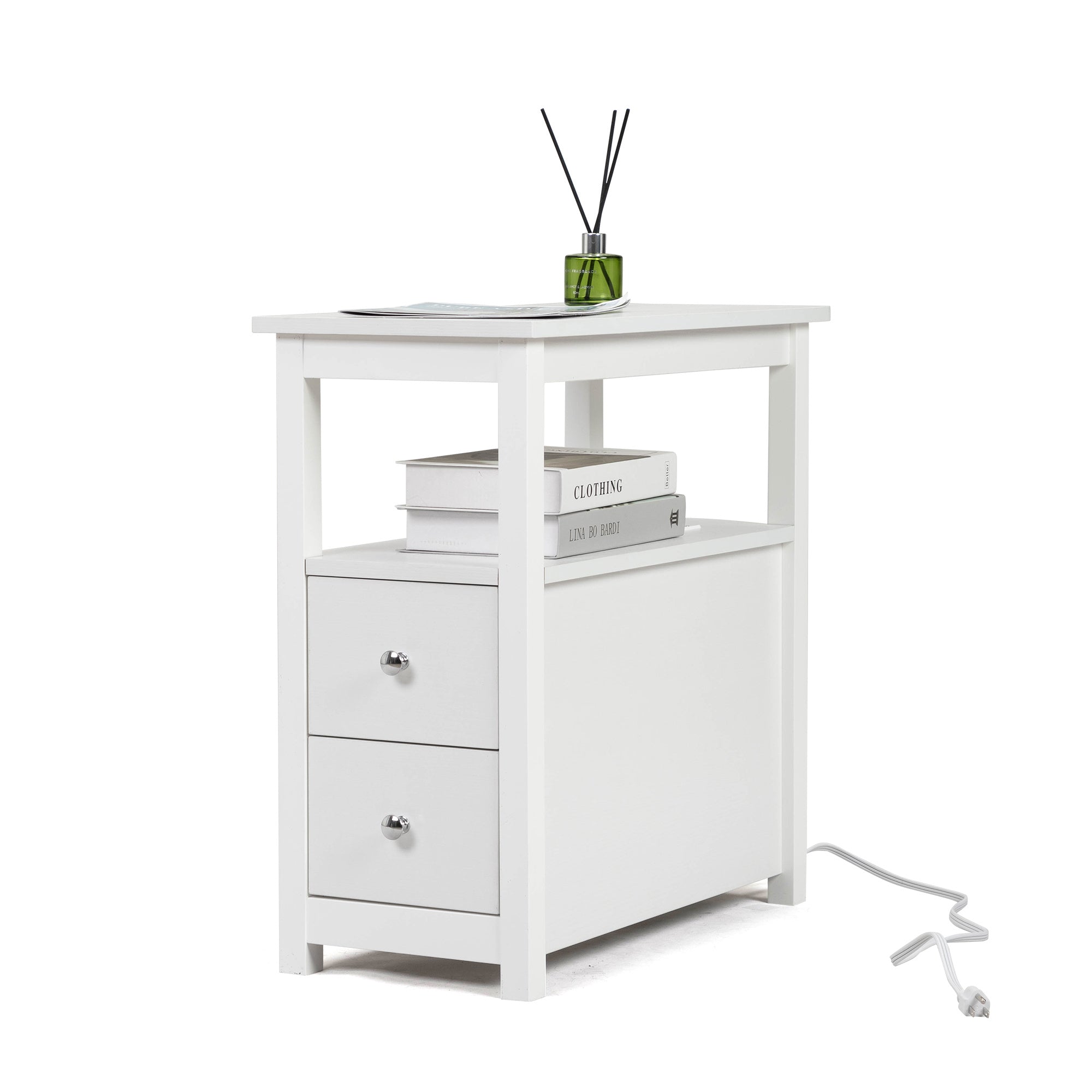 End Table with Charging Station, Narrow Sofa Side Table, Wooden Nightstand, Bedroom Living Room Furniture, White