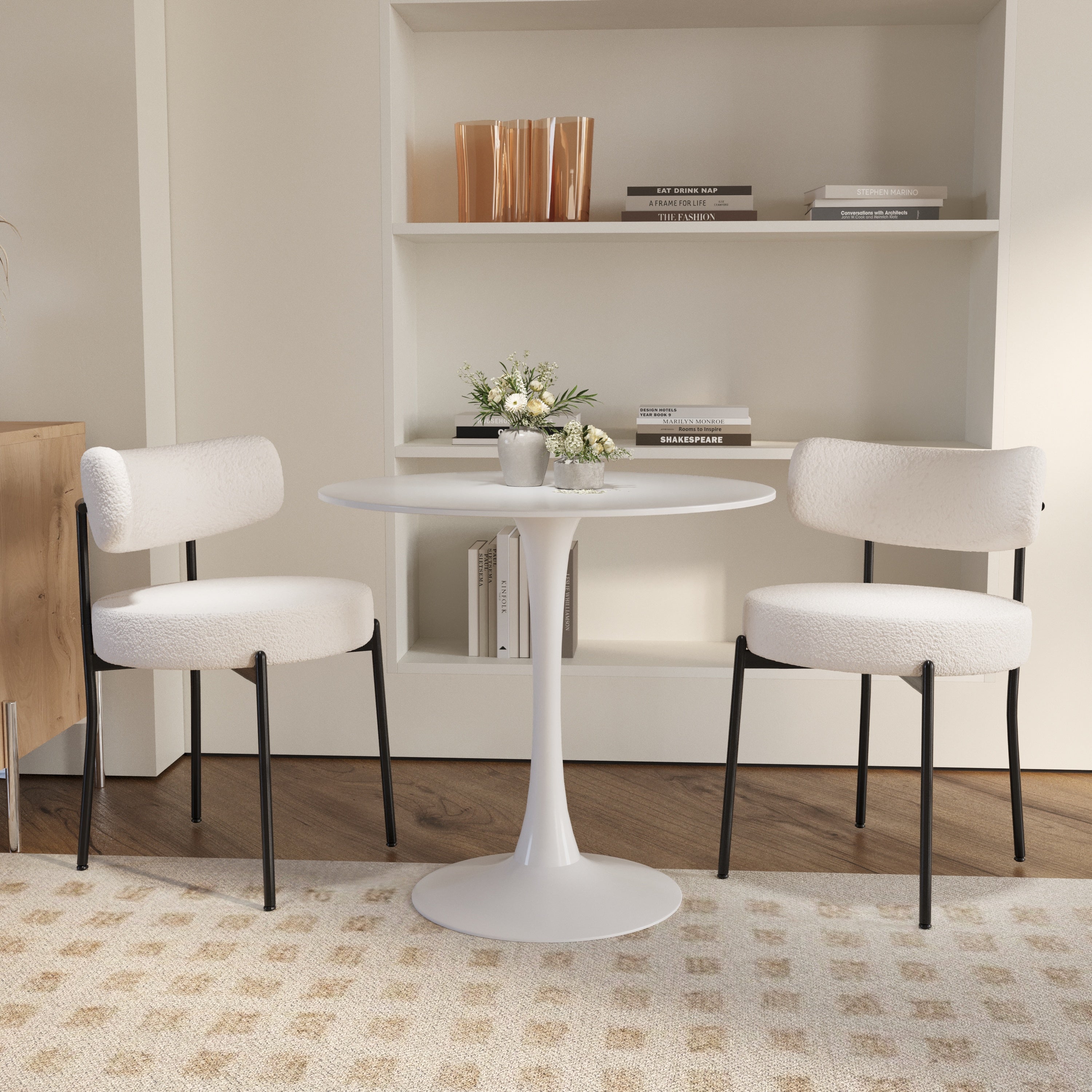 3 Pieces 31.5-Inch round dining table set for 2 and 2 pieces Upholstered Chairs for Four Person, MDF Table-top, Off White Faux Fur with White table Leg for Kitchen, Reception Room