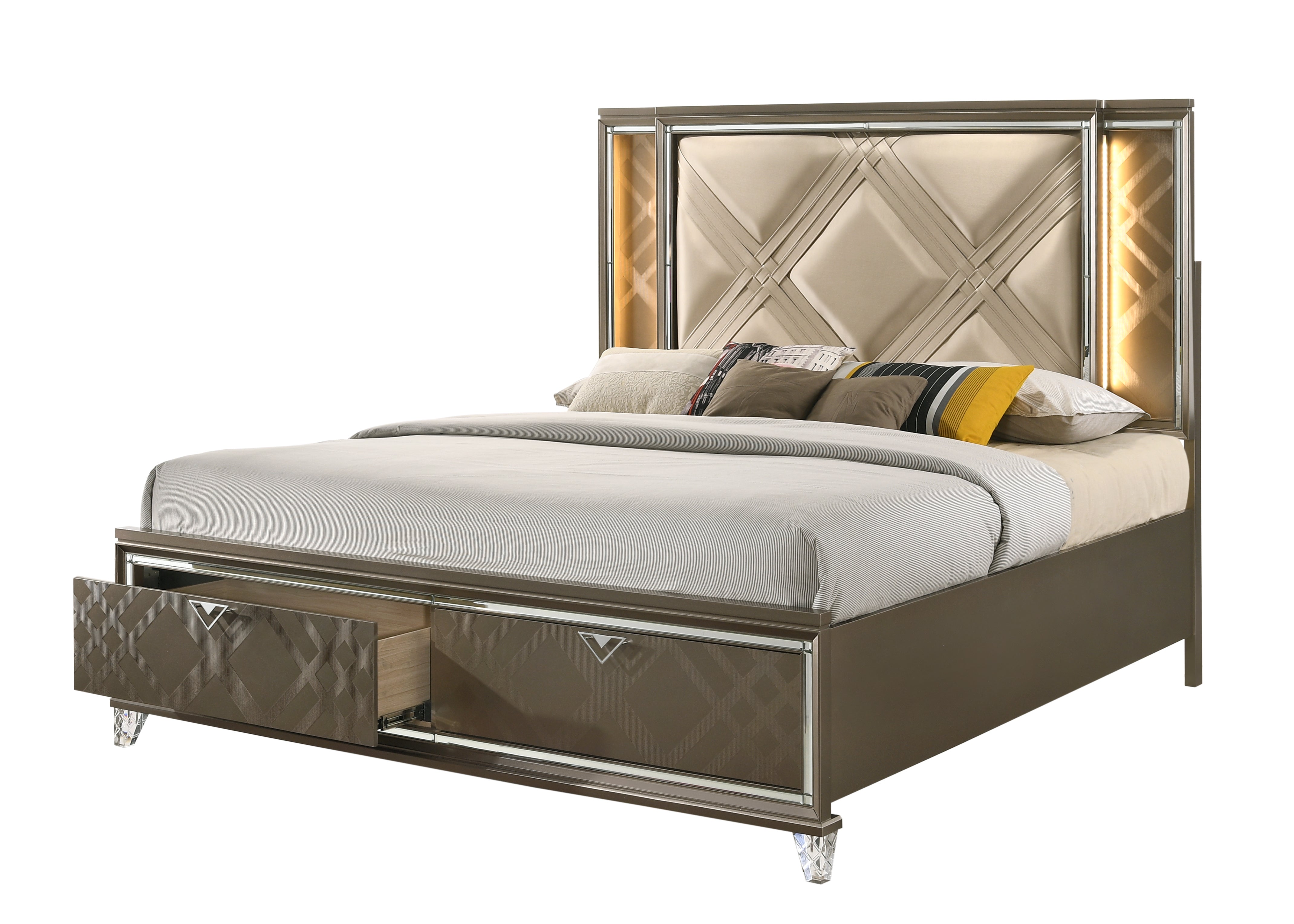 ACME Skylar Queen Bed w/Storage, LED, PU & Dark Champagne 25320Q