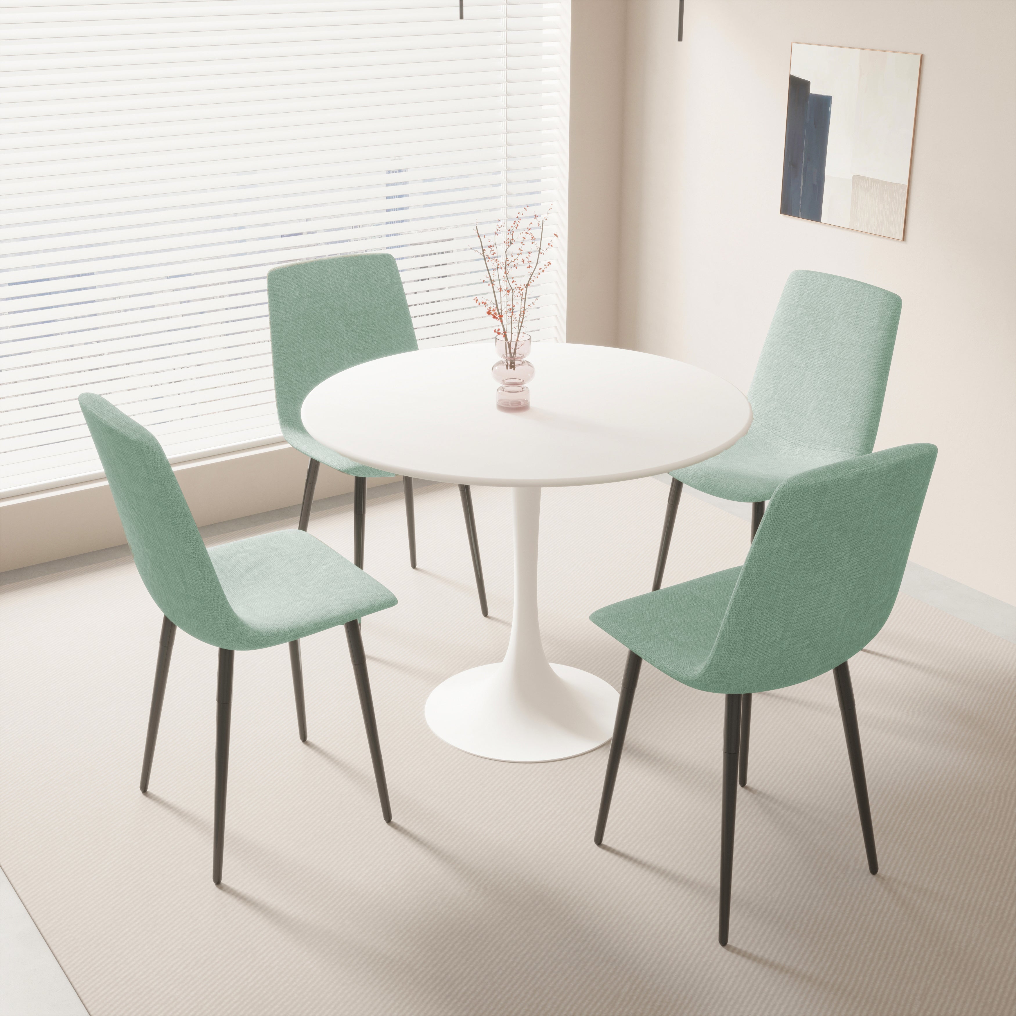 Round MDF Dining Table Set for 4, White Dining Table MDF Easy Clean with Durable Black Metal Legs, 4 PCS Comfortable Dining Chair Linen Upholstered Chair for Restaurant,Guest Receptions